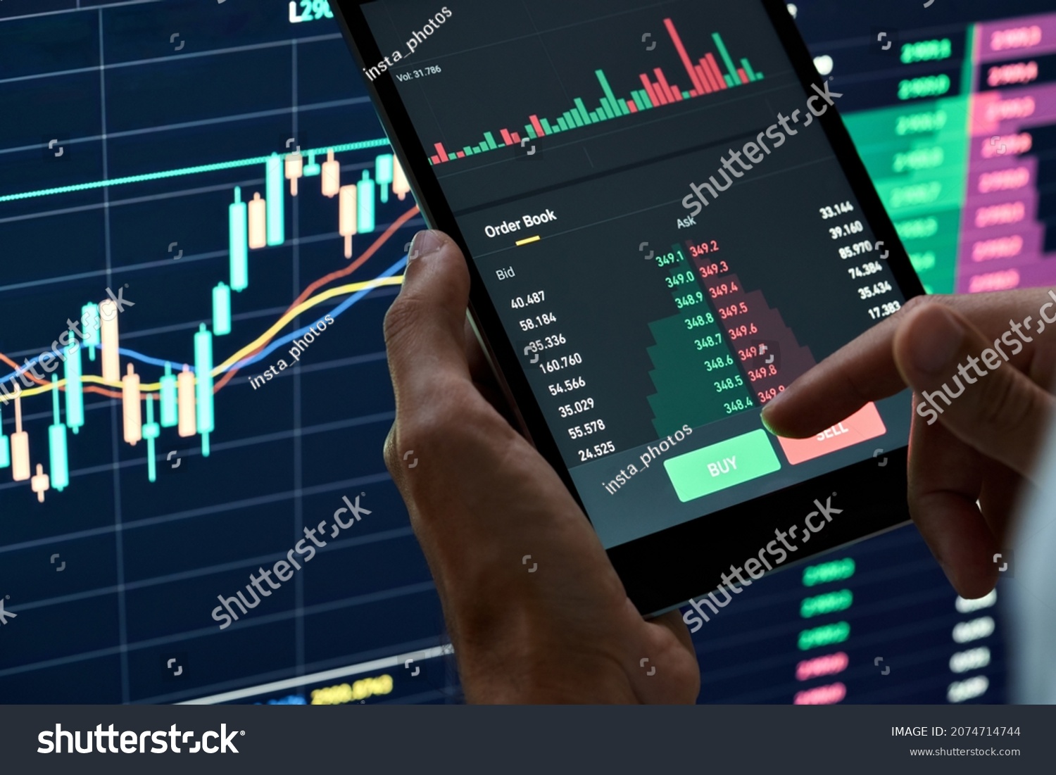 Crypto trader investor broker holding finger on buy or sell button executing financial stock trade market trading order thinking of cryptocurrency or shares assets investment risks and profit concept. #2074714744