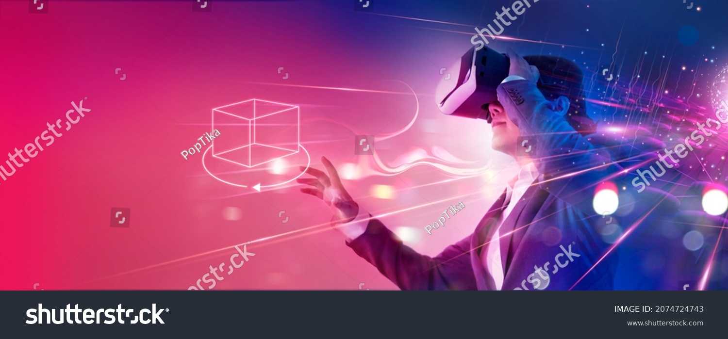 
Metaverse Technology concept. Businessman use VR virtual reality goggle and experiences of metaverse virtual world for business future. Visualization, Virtual augmented reality on social network #2074724743