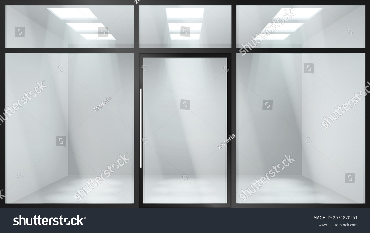 Glass entrance door. Shopping center mall entrance automatic doors with reflection and black frame. Store facade with storefront and exhibition lights. Realistic vector illustration #2074870651