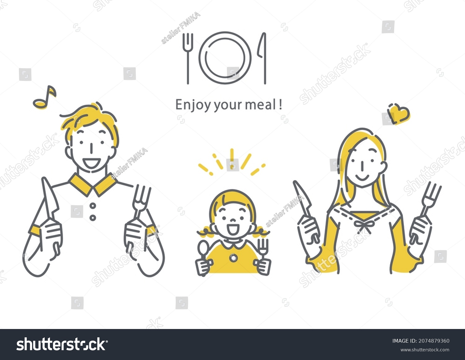 family enjoying eating, simple and cute illustration #2074879360
