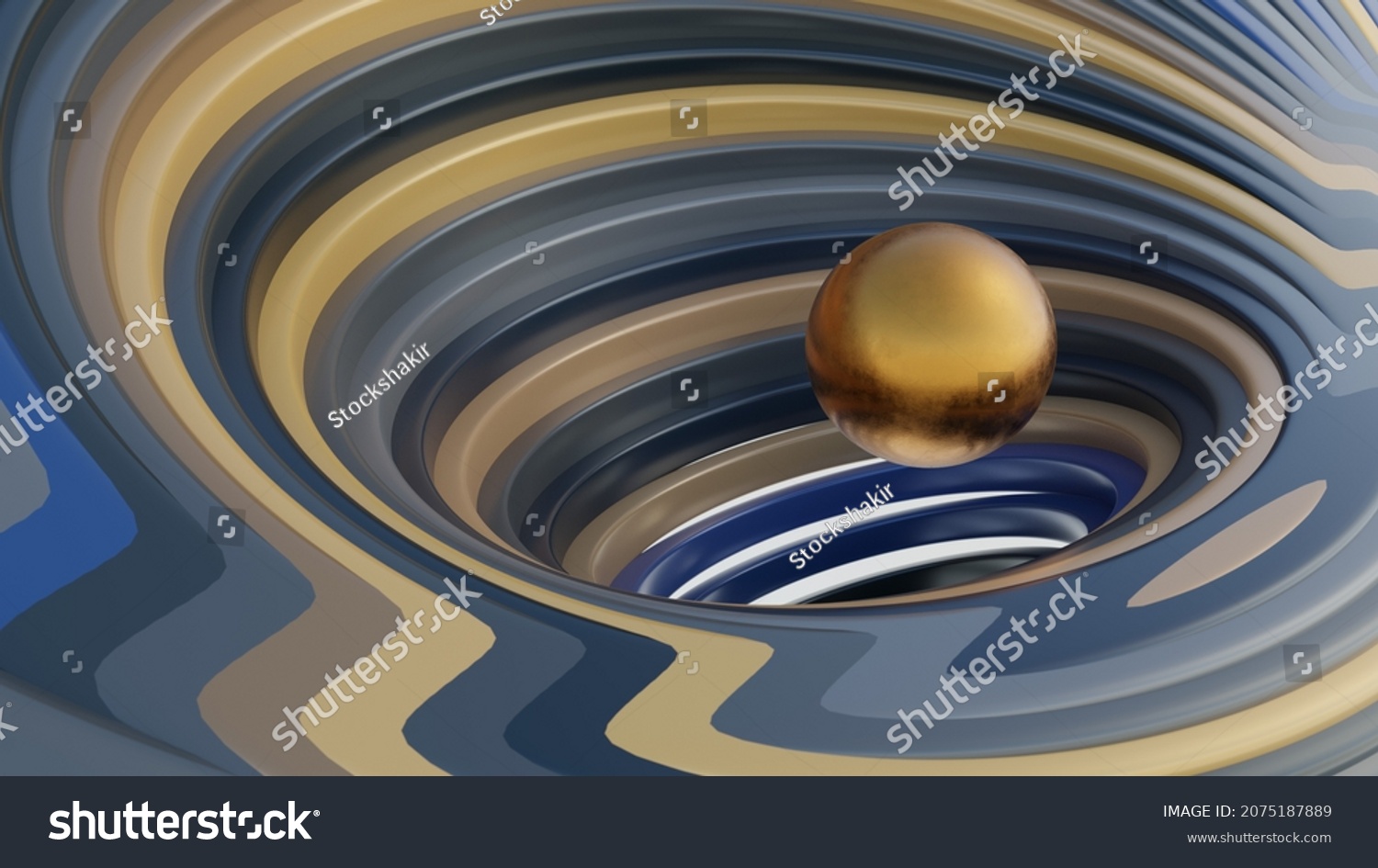 Fractal digital 3D design.Abstract fractal shape of spiral blue gold brown vortex swirling around the levitating golden sphere. #2075187889