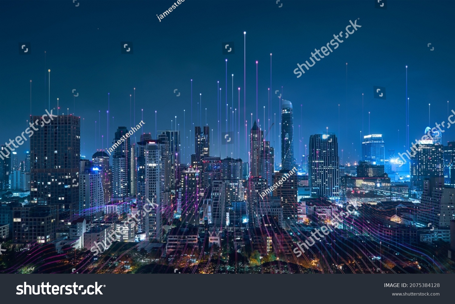 Smart city and abstract dot point connect with gradient line, big data connection technology concept. #2075384128