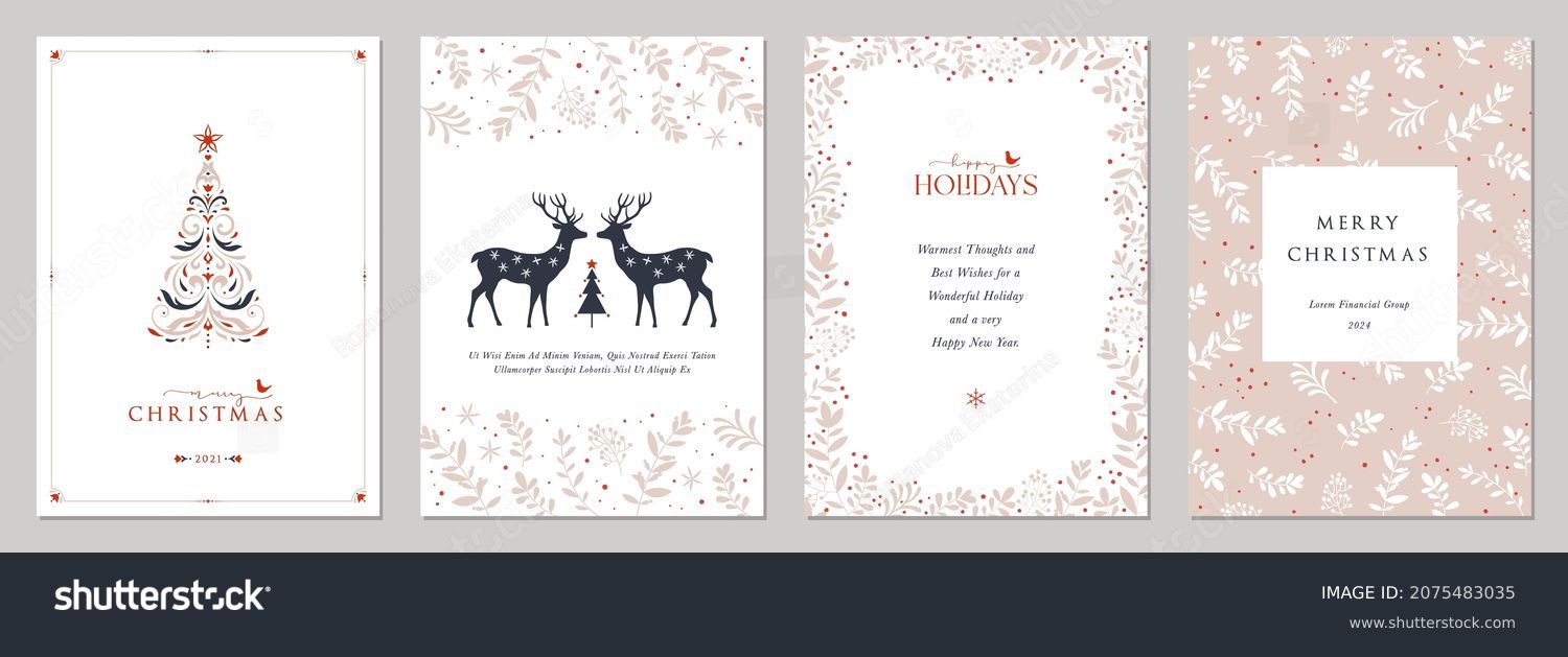 Corporate Holiday cards with Christmas tree, reindeers, bird, floral frames, background and copy space. Universal artistic templates. #2075483035
