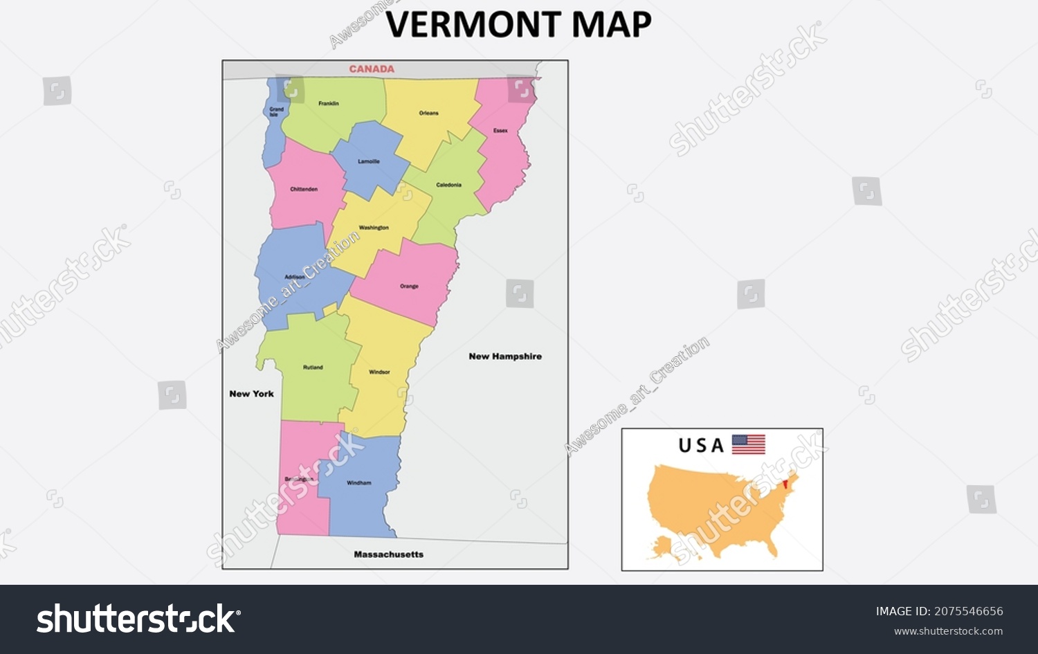 Vermont Map State And District Map Of Vermont Royalty Free Stock Vector 2075546656