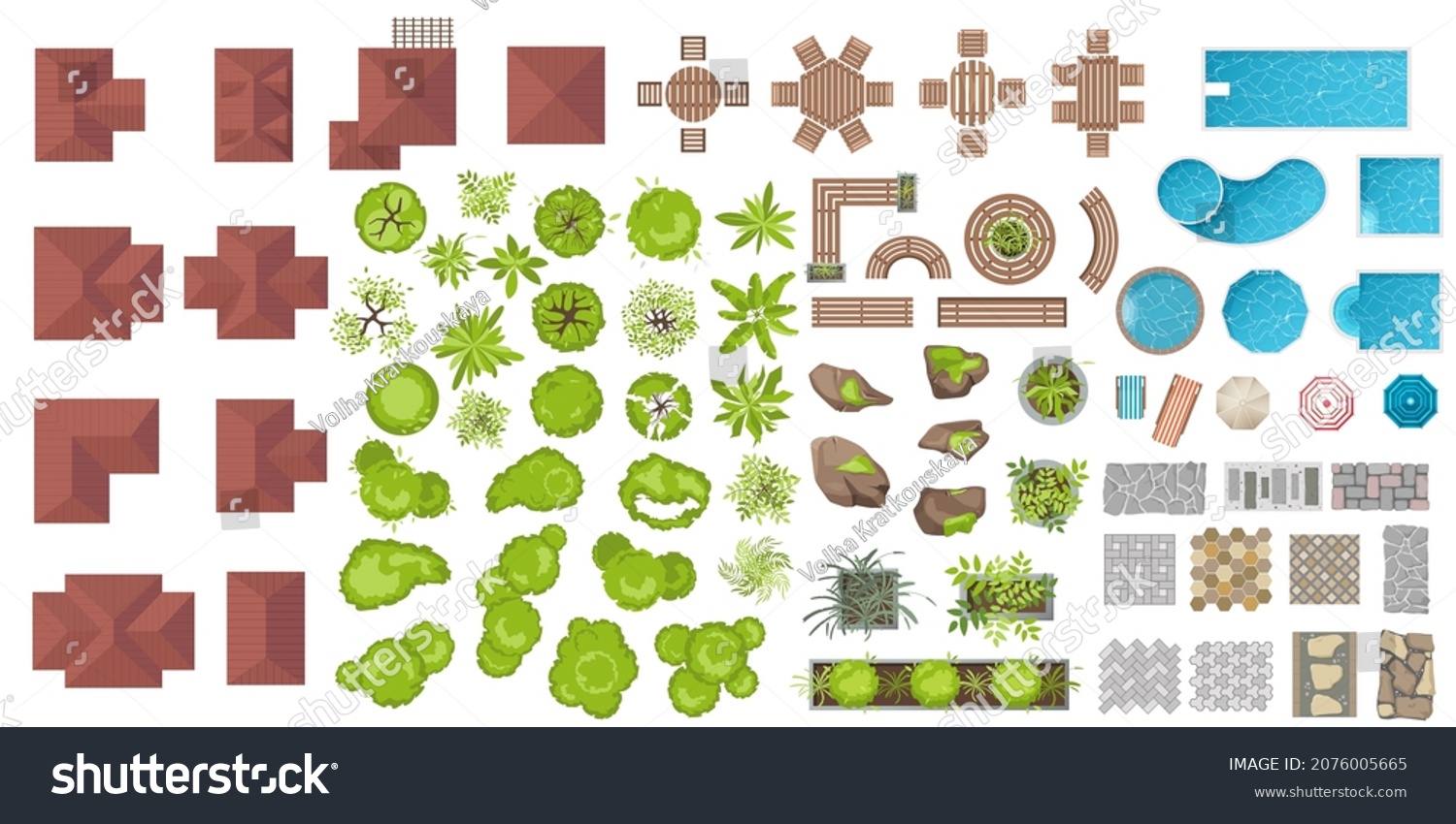 Set of Architectural and Landscape elements top view. Collection of houses, plants, garden, trees, swimming pools, outdoor wooden furniture, tile. Flat vector. Tables, benches, chairs. View from above #2076005665
