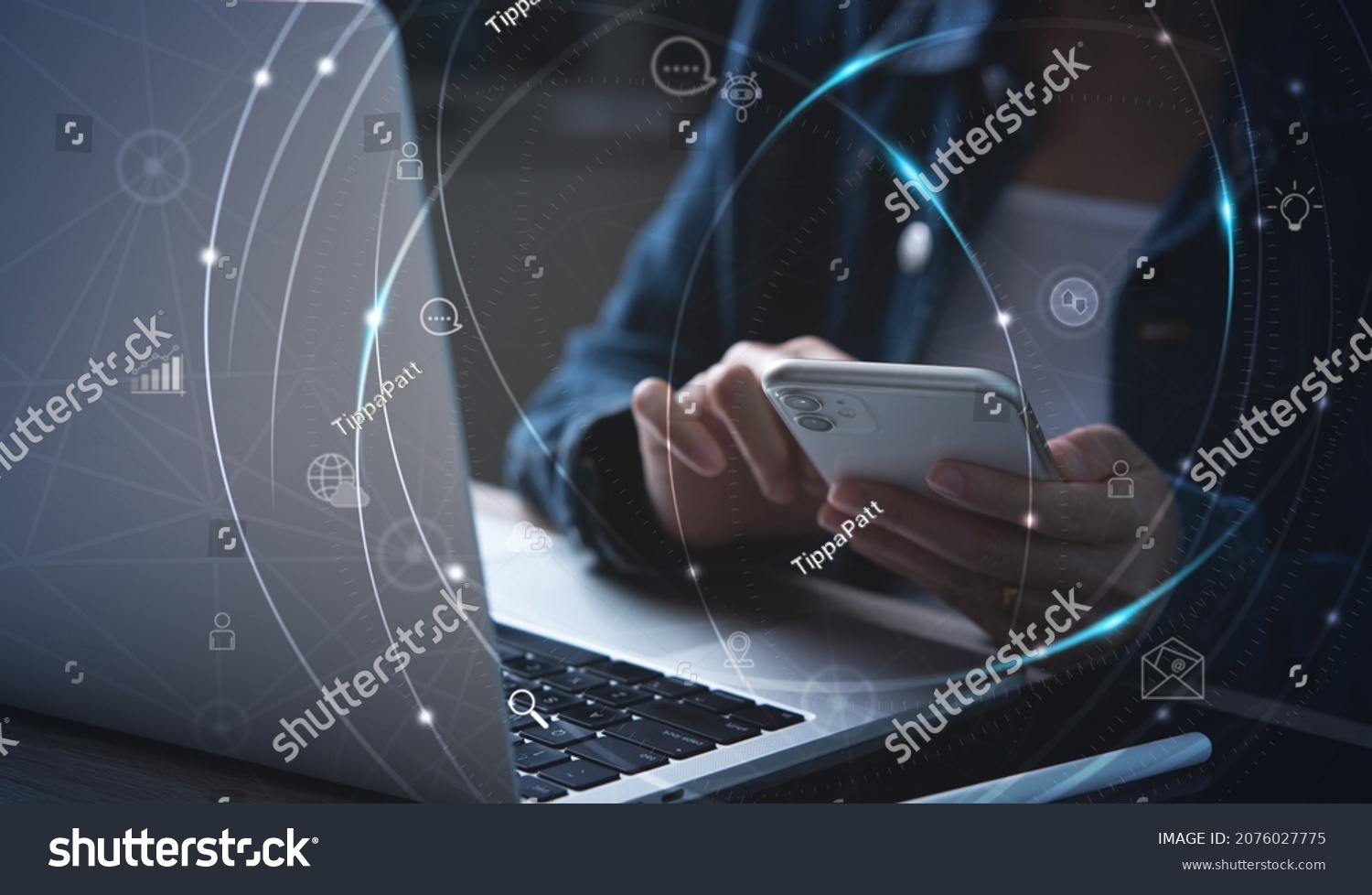 IoT, Internet of Things, online shopping, digital marketing, E-commerce, business and technology concept. Woman using mobile phone and laptop computer fro online shopping and banking via mobile app #2076027775