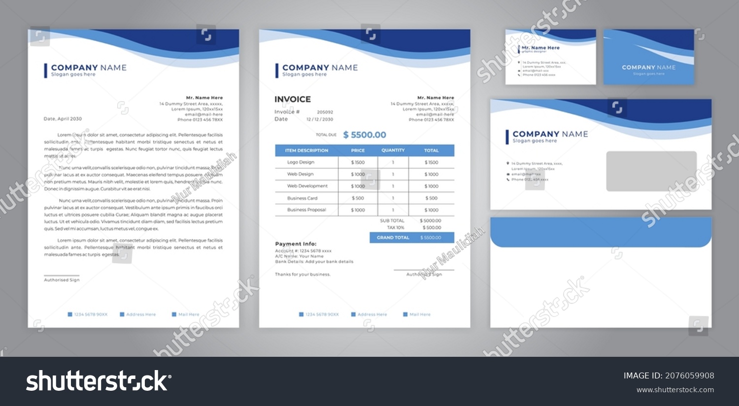 
set of letter head, invoice, business card and envelope with blue header #2076059908