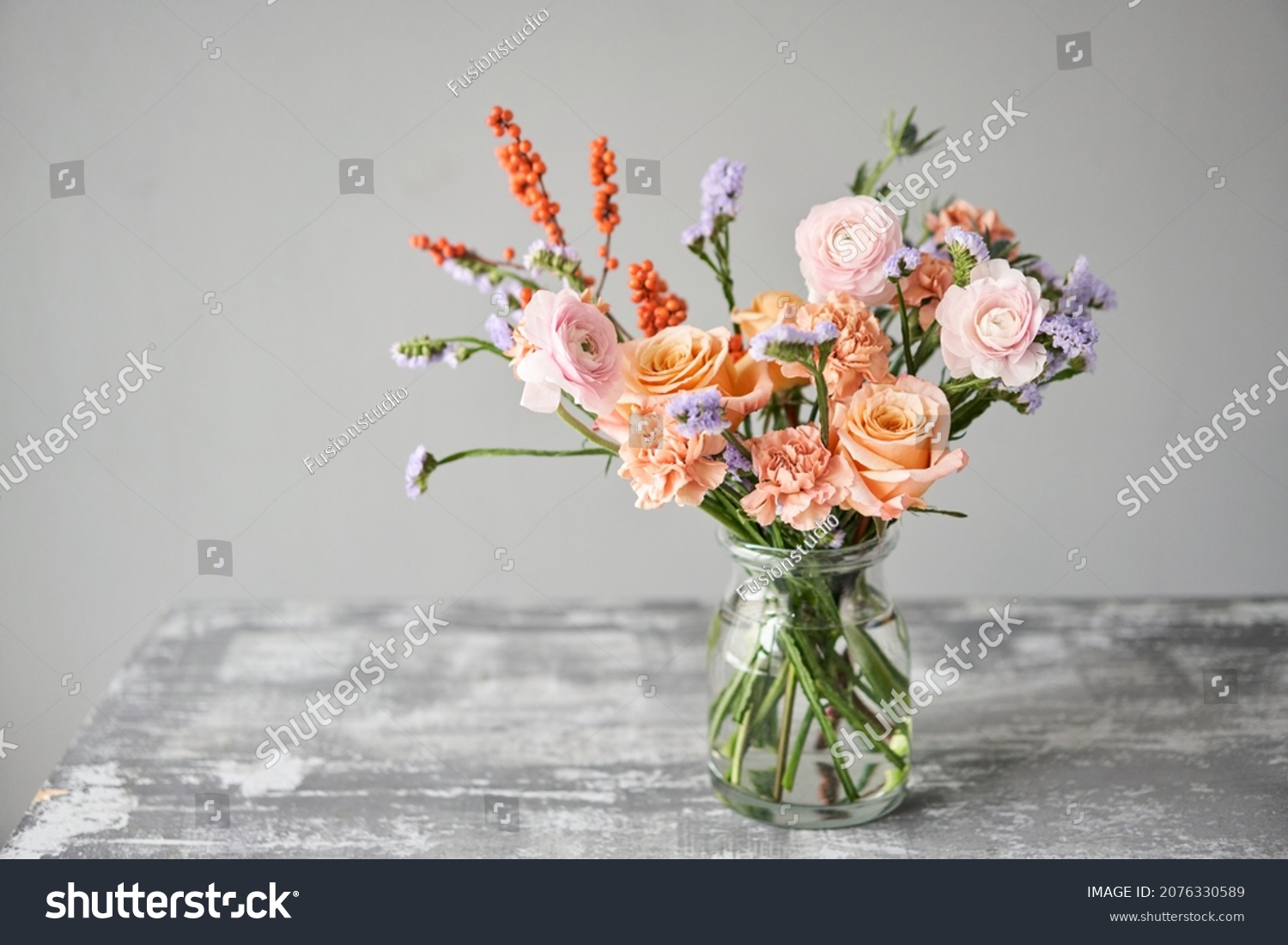 Finished flower arrangement in a vase for home. Flowers bunch, set for interior. Fresh cut flowers for decoration home. European floral shop. Delivery fresh cut flower. #2076330589