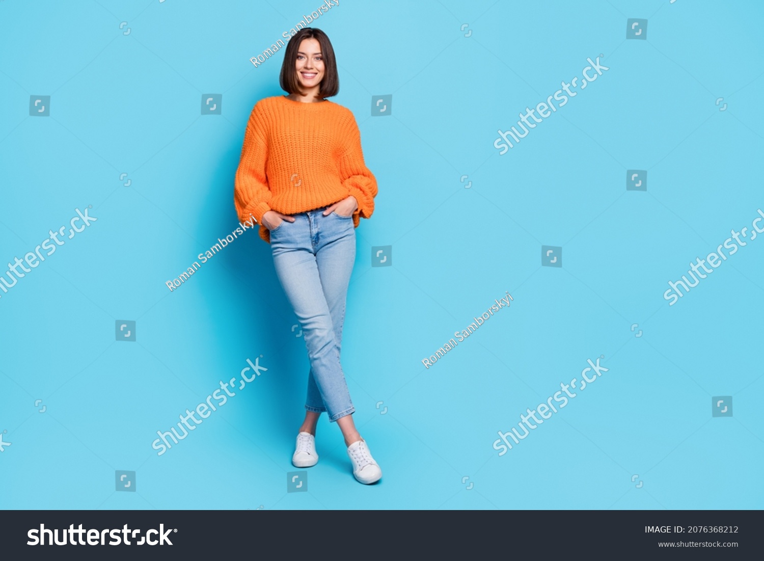Full length body size view of attractive cheerful girl posing copy empty space isolated over bright blue color background #2076368212