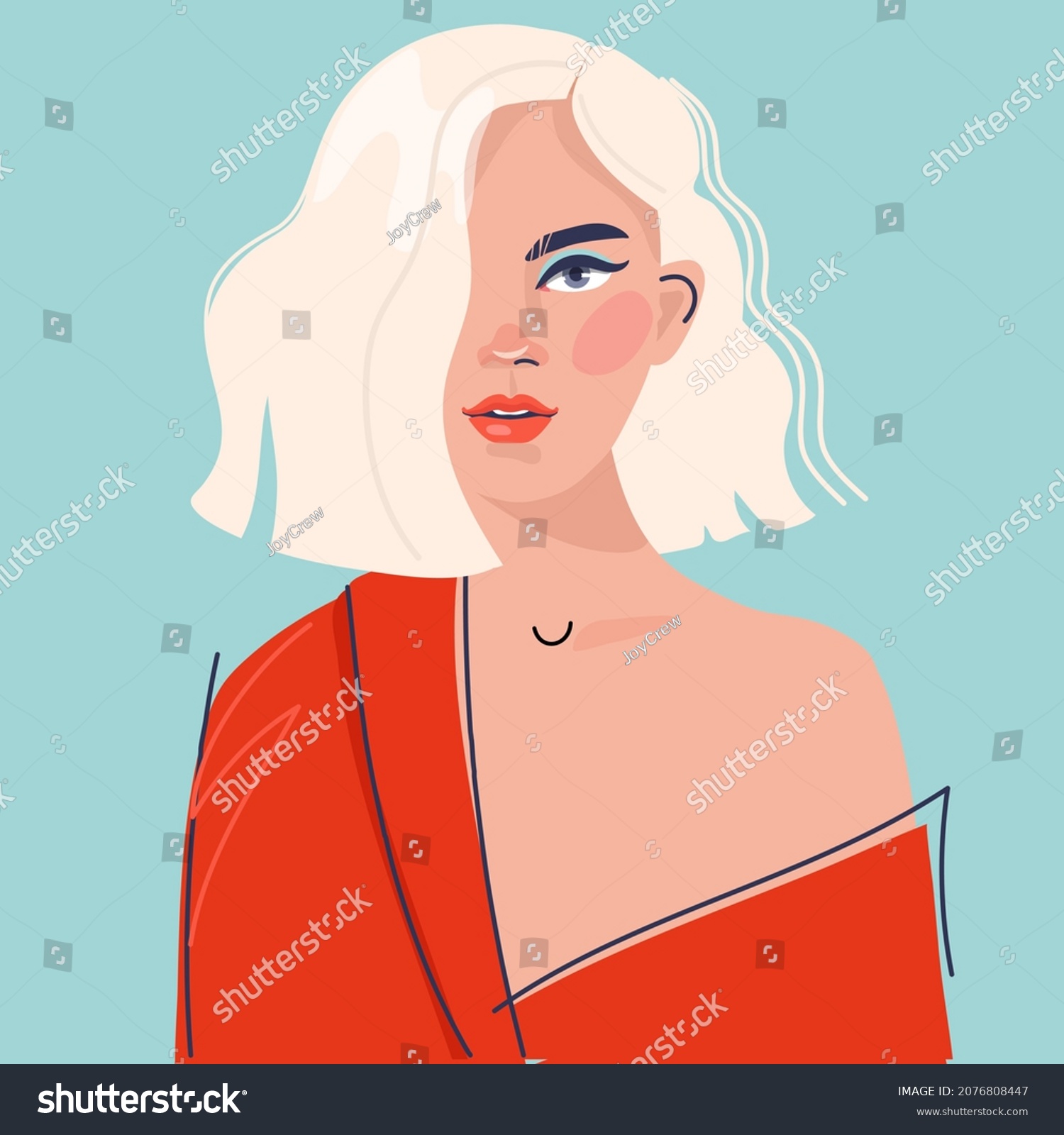 young beautiful girl with blonde hair in a bare shoulder in a red  kimono .  flat illustration.  #2076808447