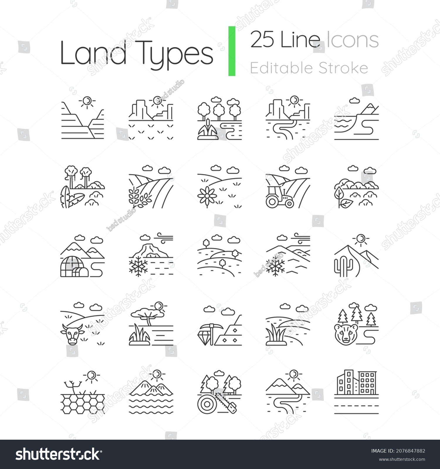 Land types linear icons set. Biome diversity. Hot and cold climate zones. Agriculture and industry areas. Customizable thin line contour symbols. Isolated vector outline illustrations. Editable stroke #2076847882