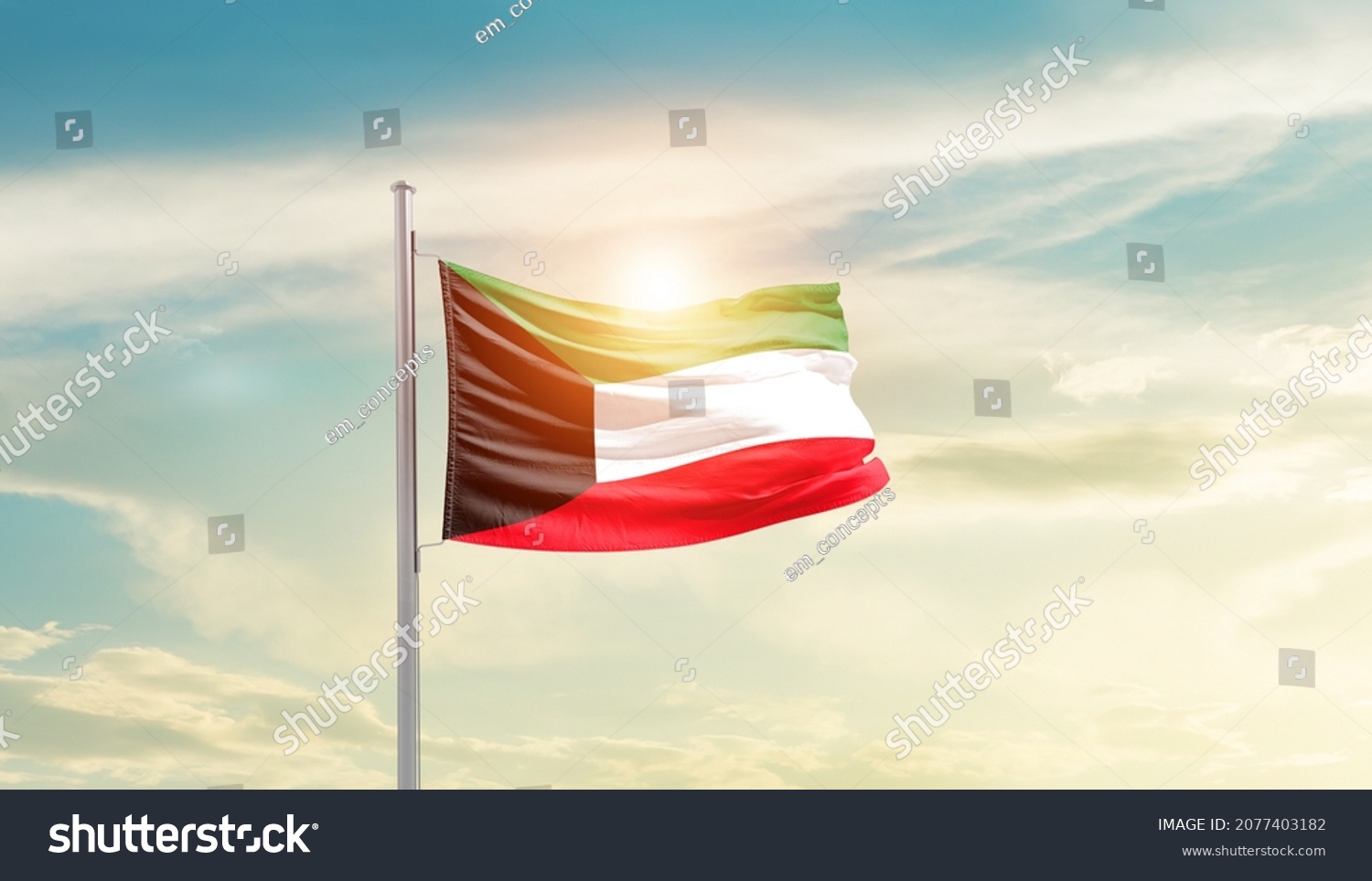 Kuwait national flag waving in beautiful sky. #2077403182