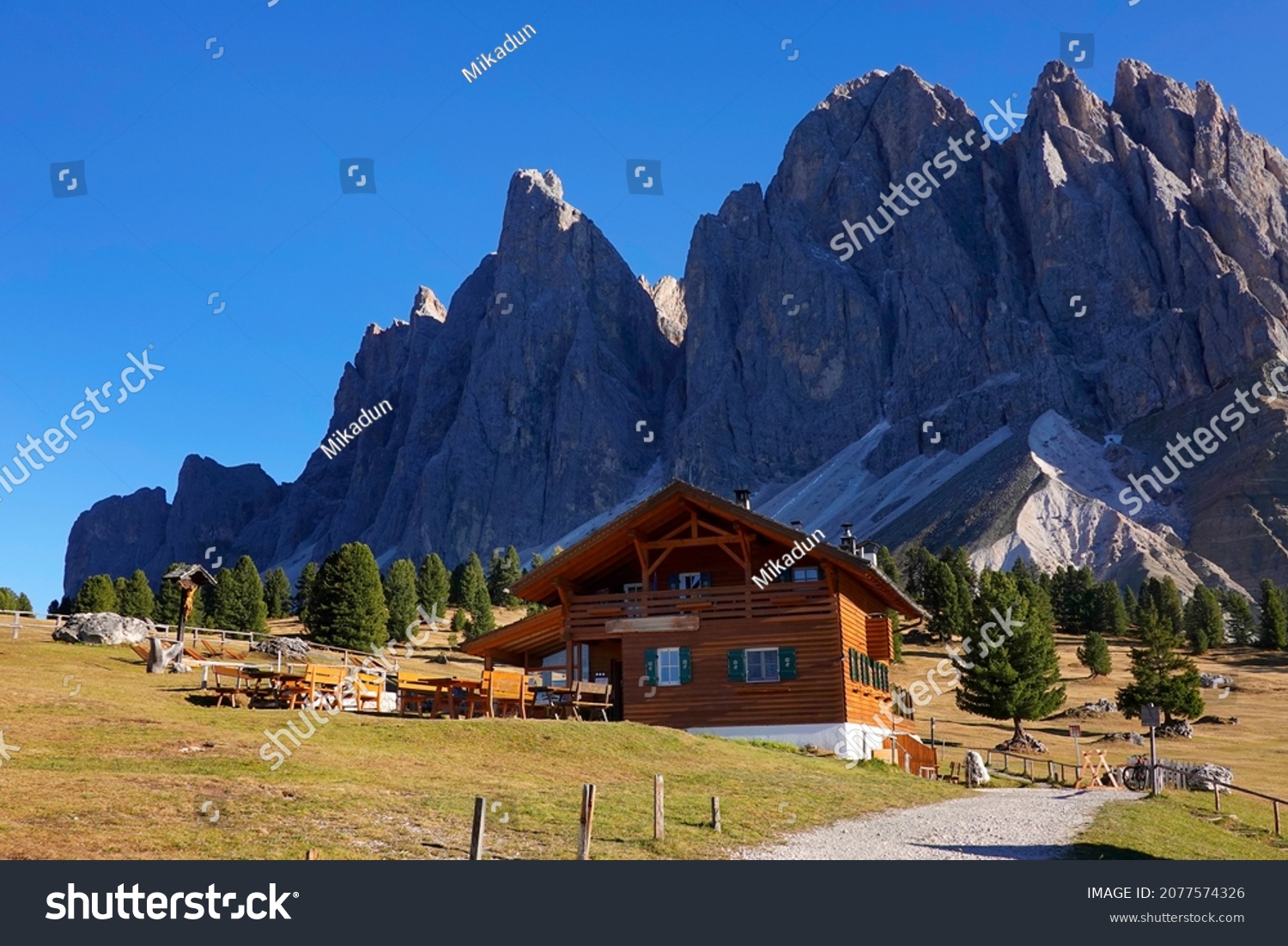  View of Geislergruppe or Gruppo delle Odle with chalet Dolomites, Italy , Europe                             #2077574326