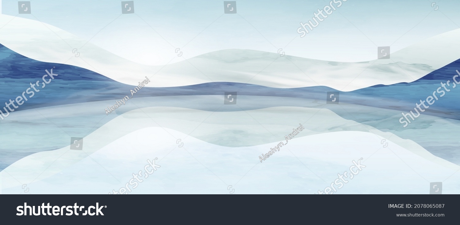 Watercolor art background with mountains and lake in winter. Landscape banner in blue tones for art decorations, print for decor #2078065087