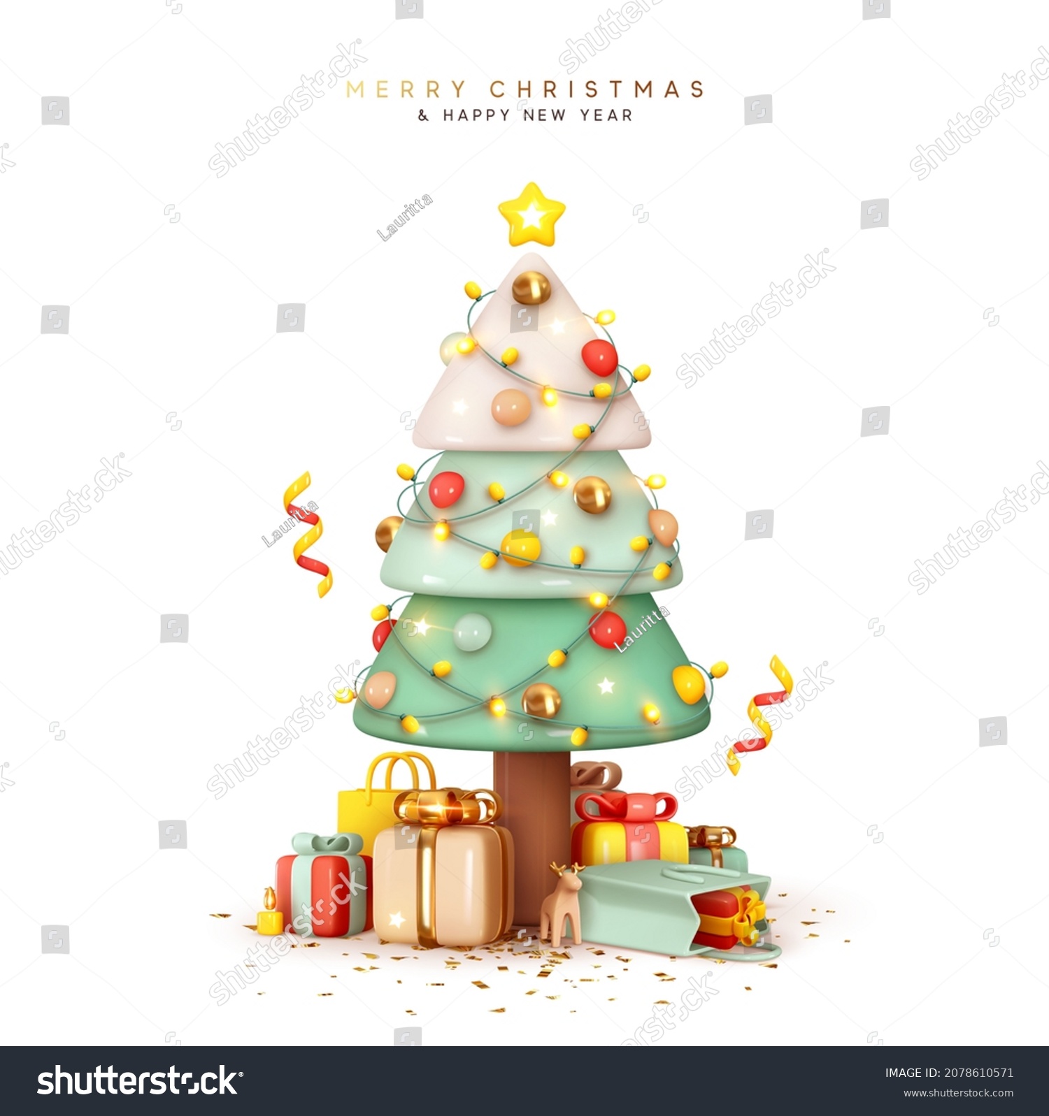 Christmas sparkling bright tree with star. Merry Christmas and Happy New Year. Realistic 3d design of objects, light garlands, bauble ball, Gift box, surprise gifts, gold confetti. Vector illustration #2078610571