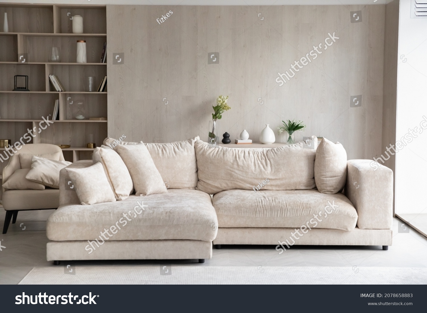 Fashion furniture inside modern light living room with white sofa, built-In bookcase with shelves, armchair, no people. Design interior ideas, furnishing store, new real-estate, rent property concept #2078658883