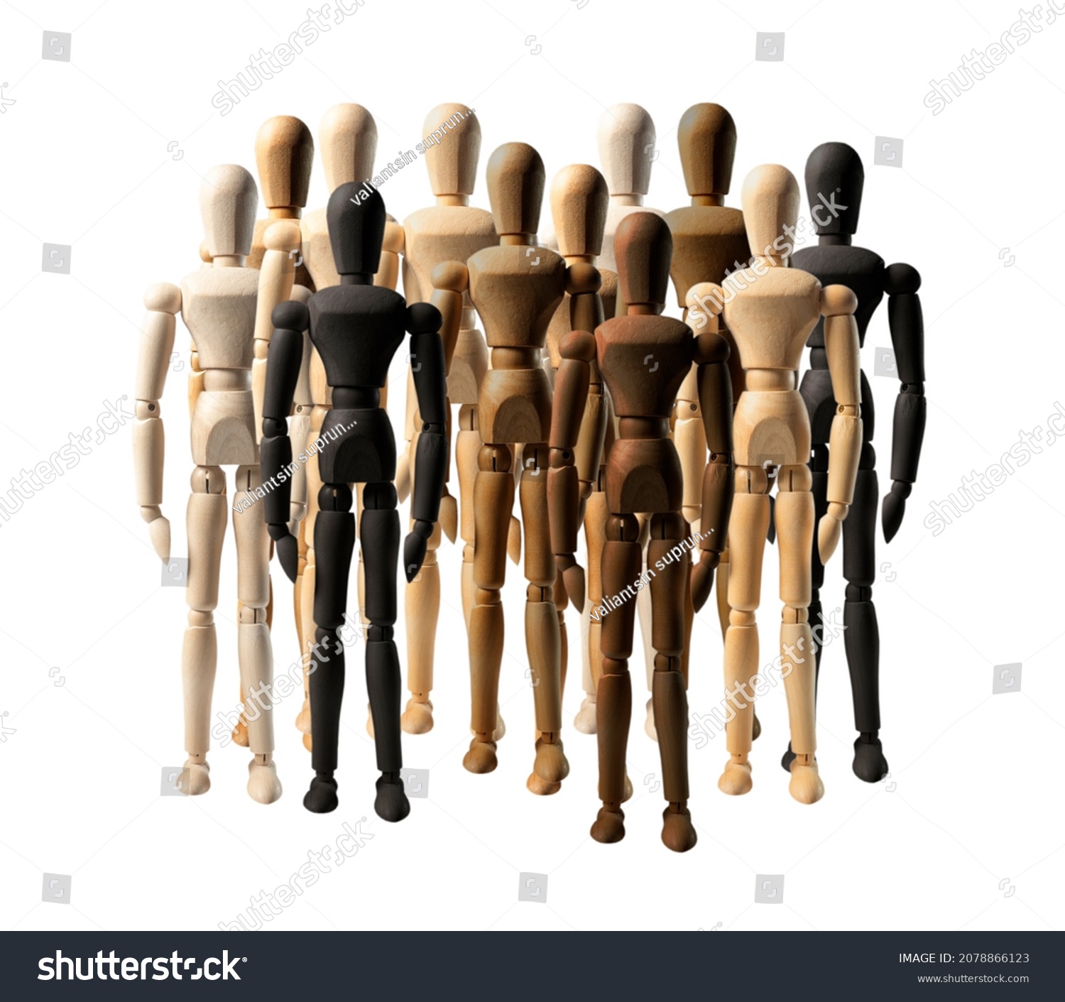 Abstract diverse society. Crowd of wood people of different color, race, ethnicity isolated on white background. Diversity and racial tolerance concept. #2078866123