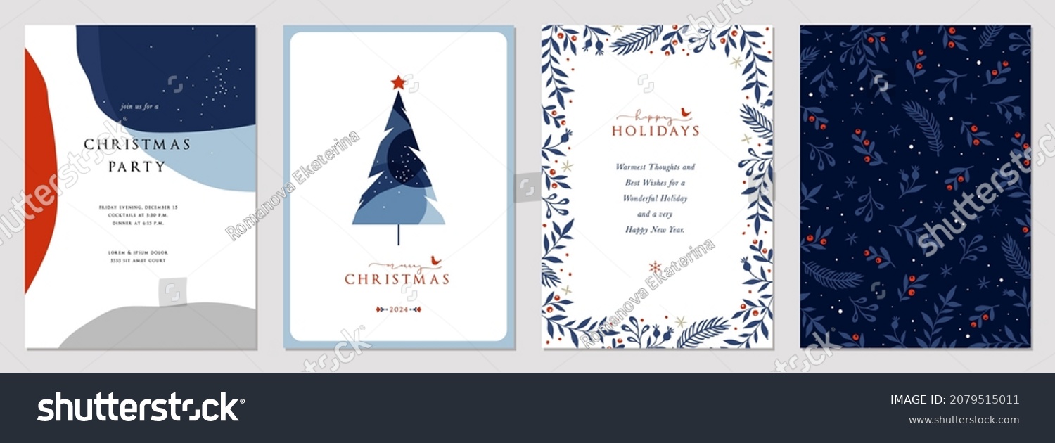 Modern Corporate Holiday cards with Christmas tree, birds, ornate floral frame, background and copy space. Universal artistic templates. #2079515011
