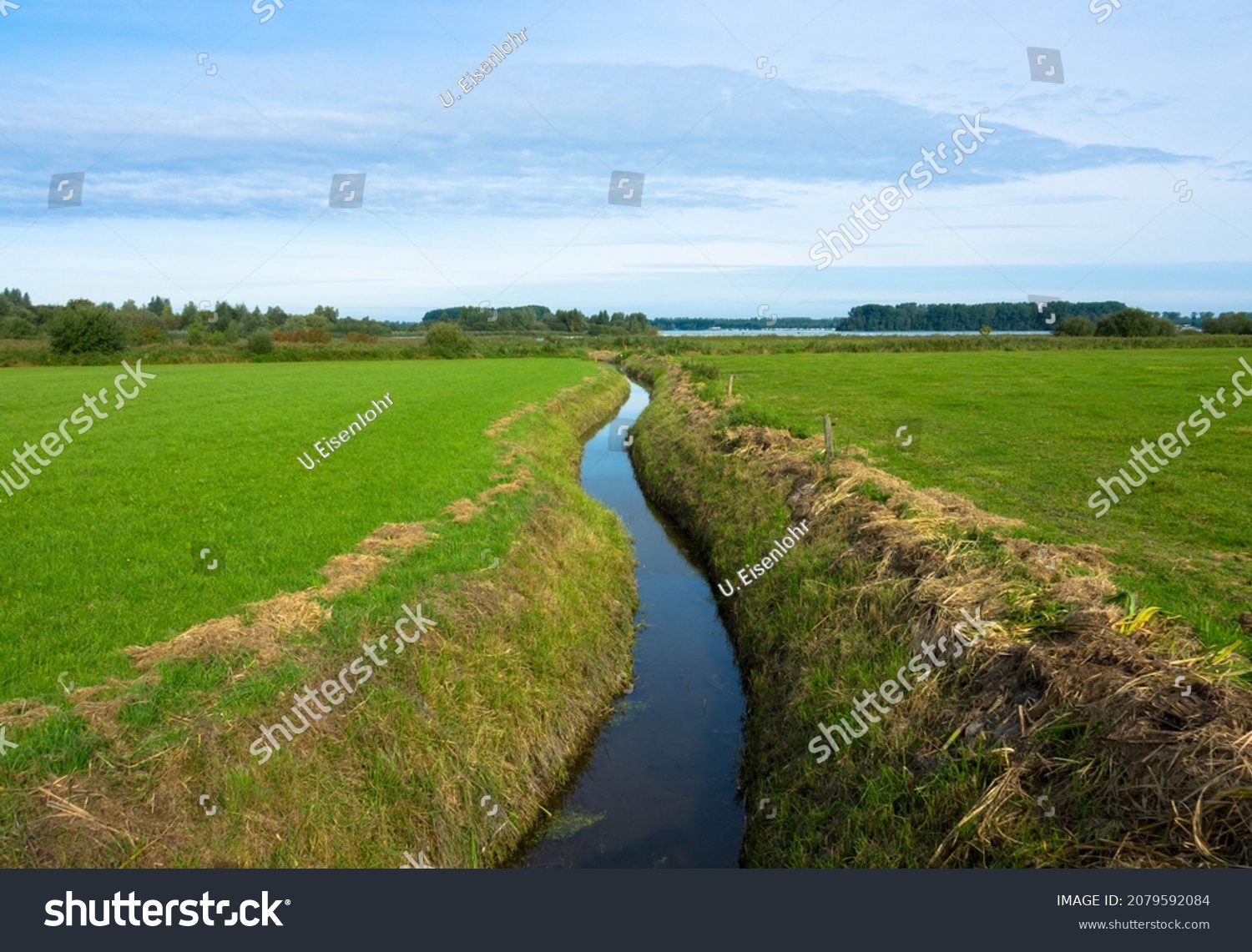 Dutch countryside landscape, Typical polder and water land, Green meadow on the blue sky. Small canal or ditch on the field, Friesland Netherlands #2079592084