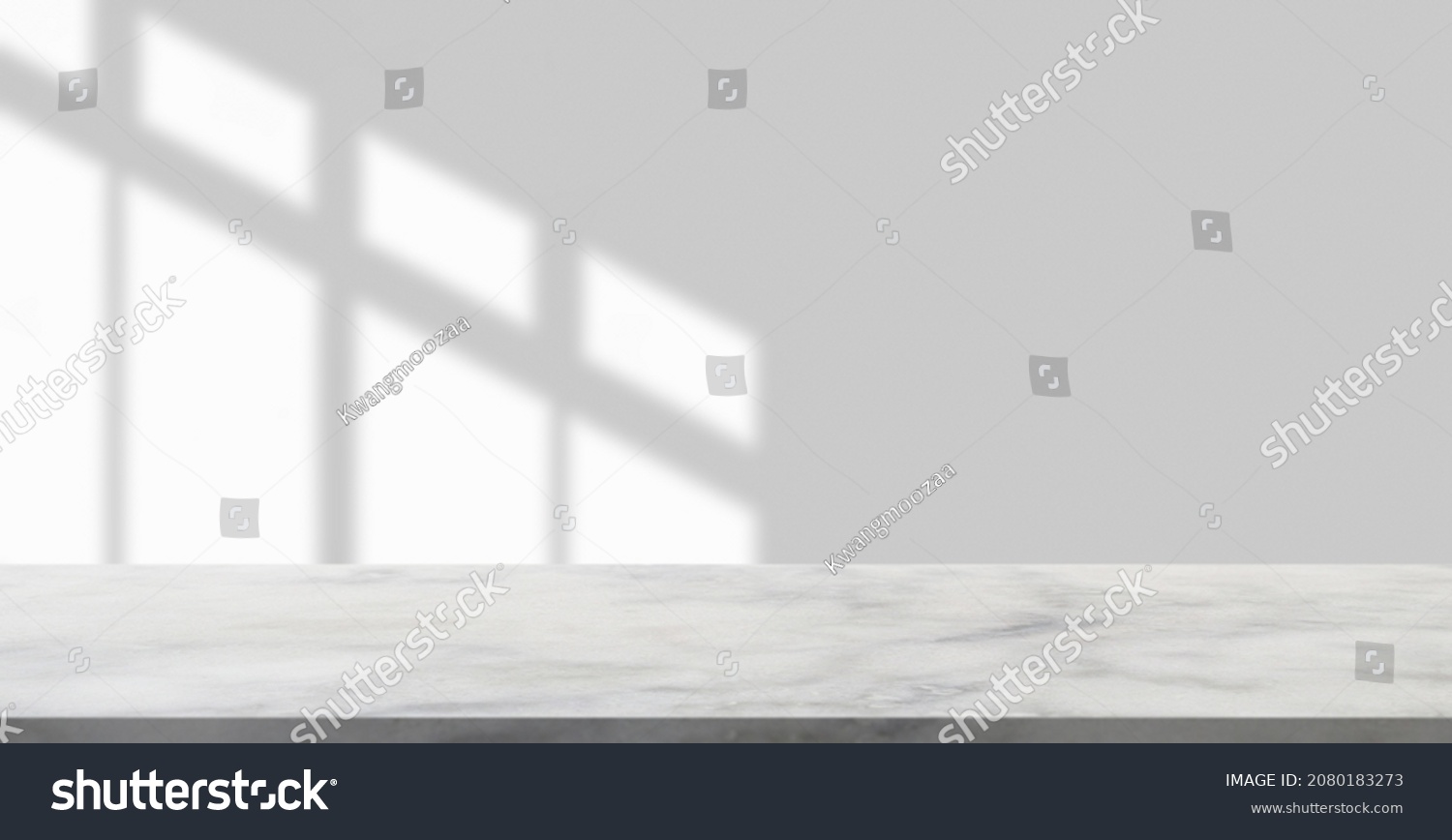 Marble table with window shadow drop on white wall background for mockup product display #2080183273