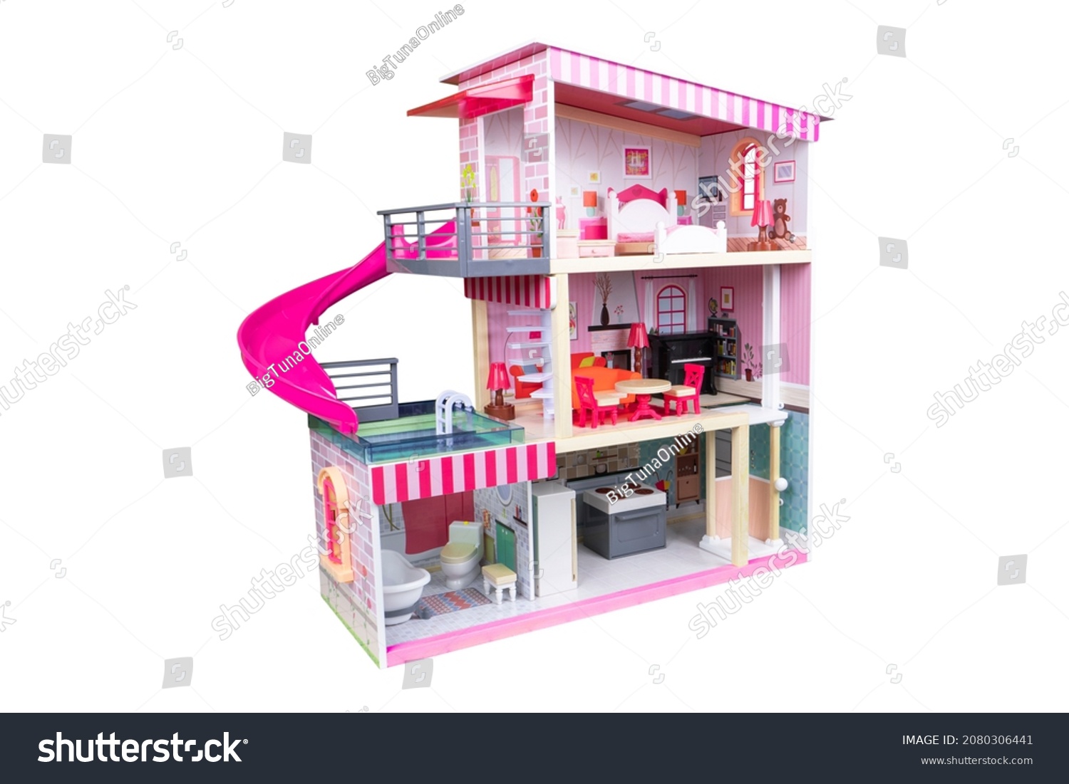 House of dolls with furniture isolated on white background. Furnished pink doll house isolated. Dollhouse. House construction with kitchen bedroom bathroom and pool interior #2080306441