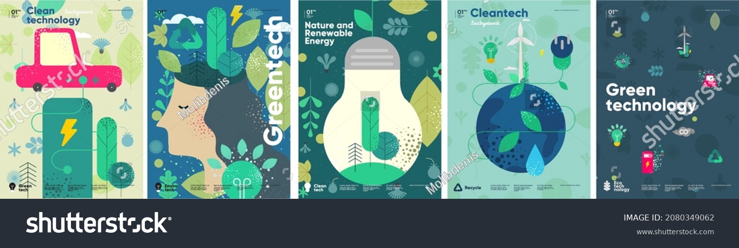 Recycle. Nature and Renewable Energy. Green Energy and Natural Resource Conservation. Set of vector illustrations. Background images for poster, banner, cover art. #2080349062