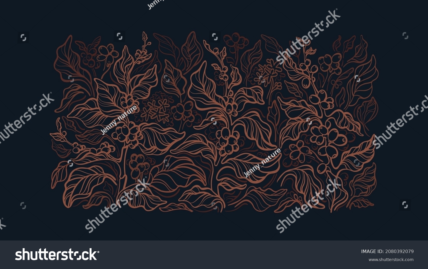 Coffee forest. Vector graphic pattern. Abstract branch, golden leaves, bean. Hand drawn background, tropical flora on black background. Organic aroma drink #2080392079