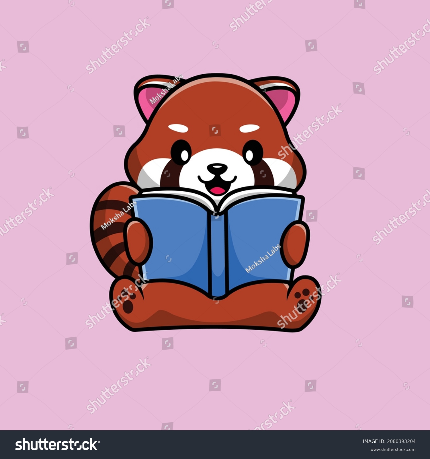 Cute Red Panda Reading Book Cartoon Vector Icon - Royalty Free Stock