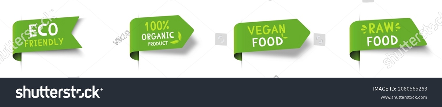 Organic vegetarian banner set. Natural organic vegetarian design green leaf sticker fresh bio farm label vegan natural market restaurant healthy eco product. Vector template graphics.
 #2080565263