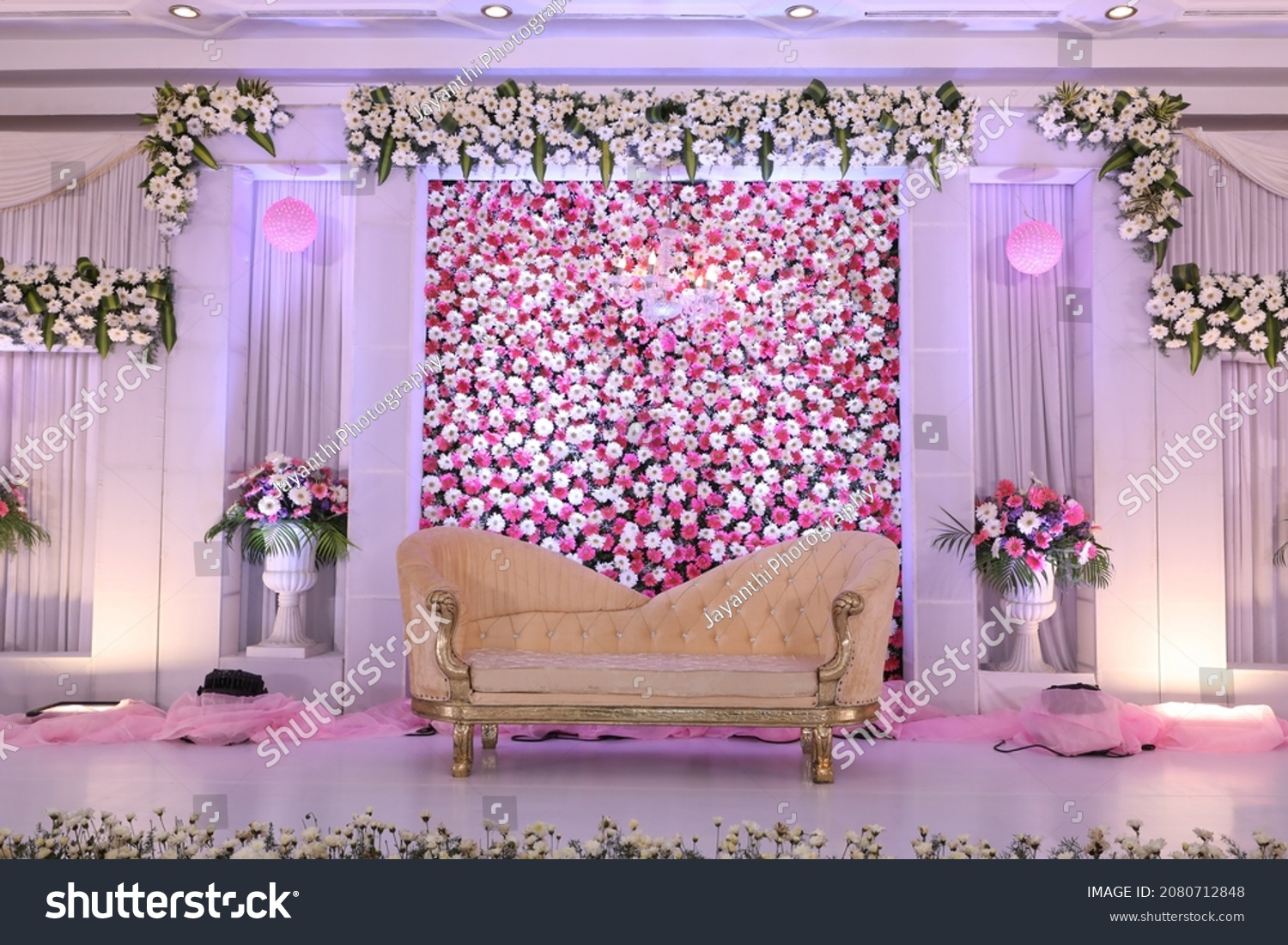 elegant Indian wedding stage decorations with flowers #2080712848