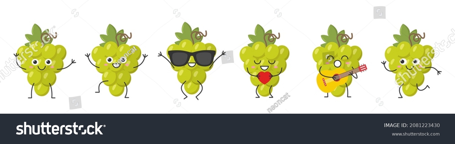 Set bunch grapes greeting jumping loves sings running cute funny character cartoon smiling face happy joy emotions ripe juicy symbol wine beautiful icon vector illustration. #2081223430