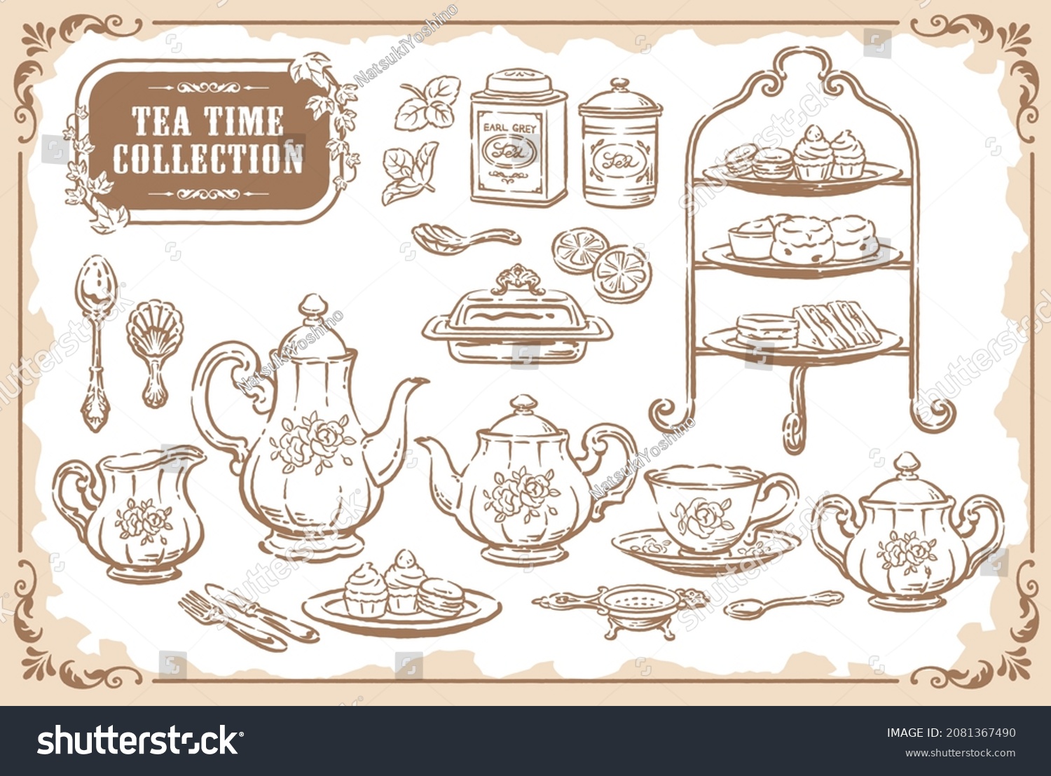 Collection of tea time objects. Vintage tools and pastries. Vector illustration. #2081367490