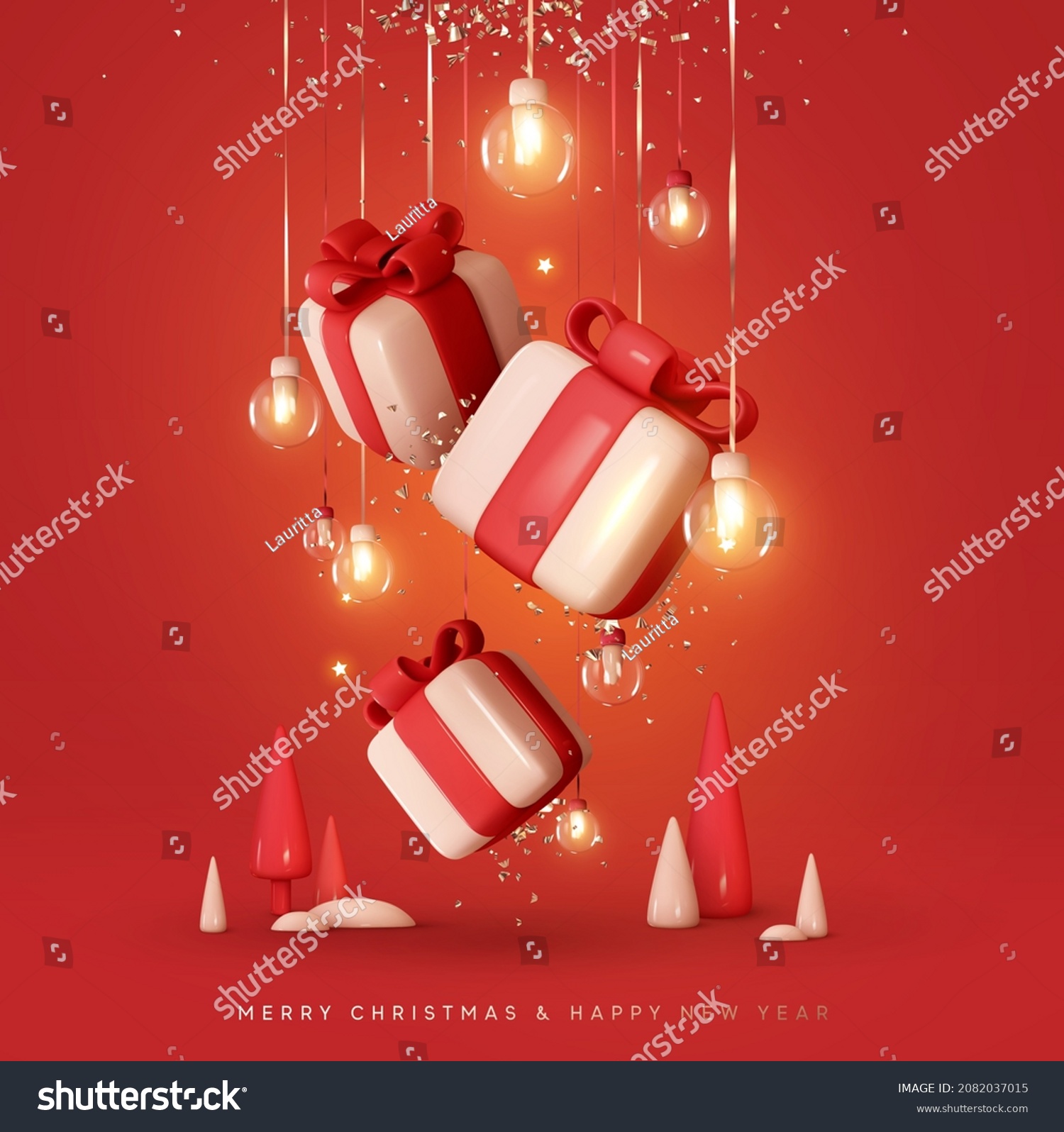 Merry Christmas and Happy New Year background. Realistic 3d Xmas design, falling gift boxes and gold confetti hanging on ribbon glass balls decoration light garland Christmas tree. Vector illustration #2082037015