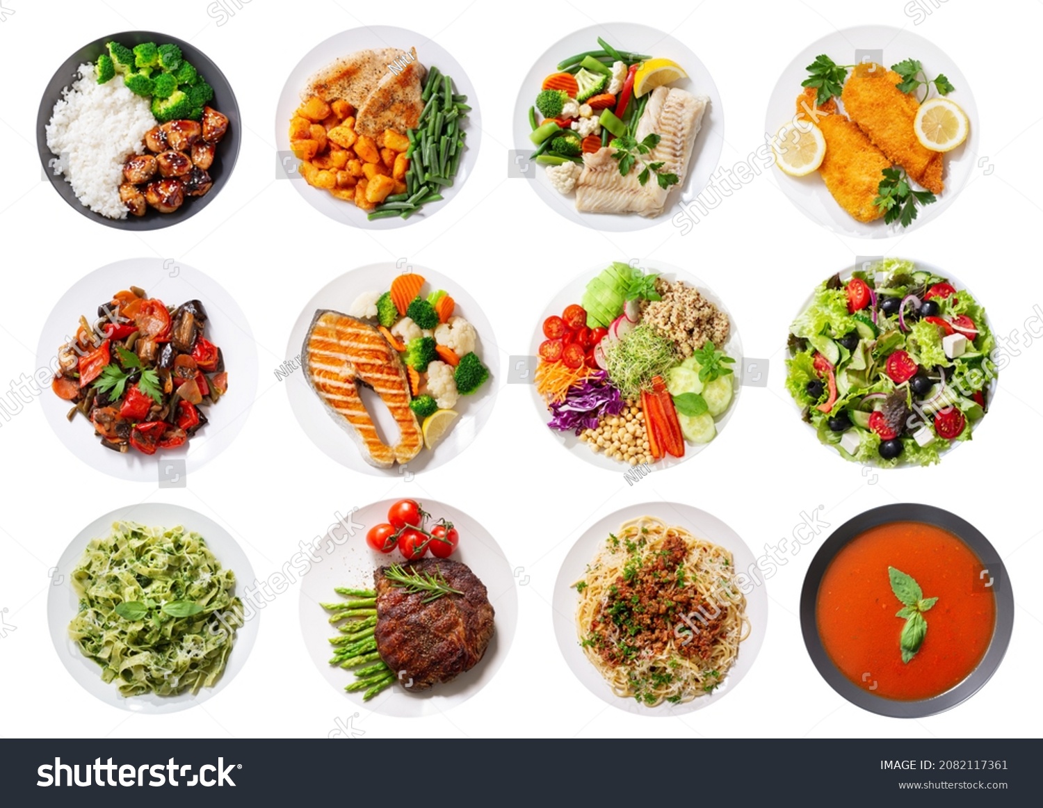 set of plates of food isolated on a white background, top view #2082117361