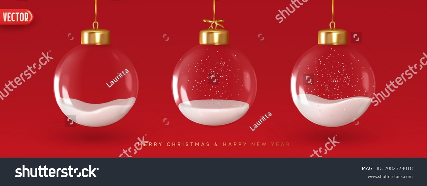 Christmas decorations glass baubles transparent balls inside snow, hang on gold ribbon, set isolated on red background. Realistic 3d design of elements of Christmas decorations. vector illustration #2082379018