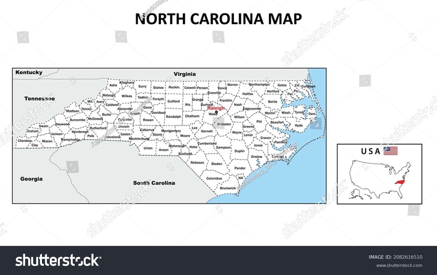 North Carolina Map. Political map of North - Royalty Free Stock Vector