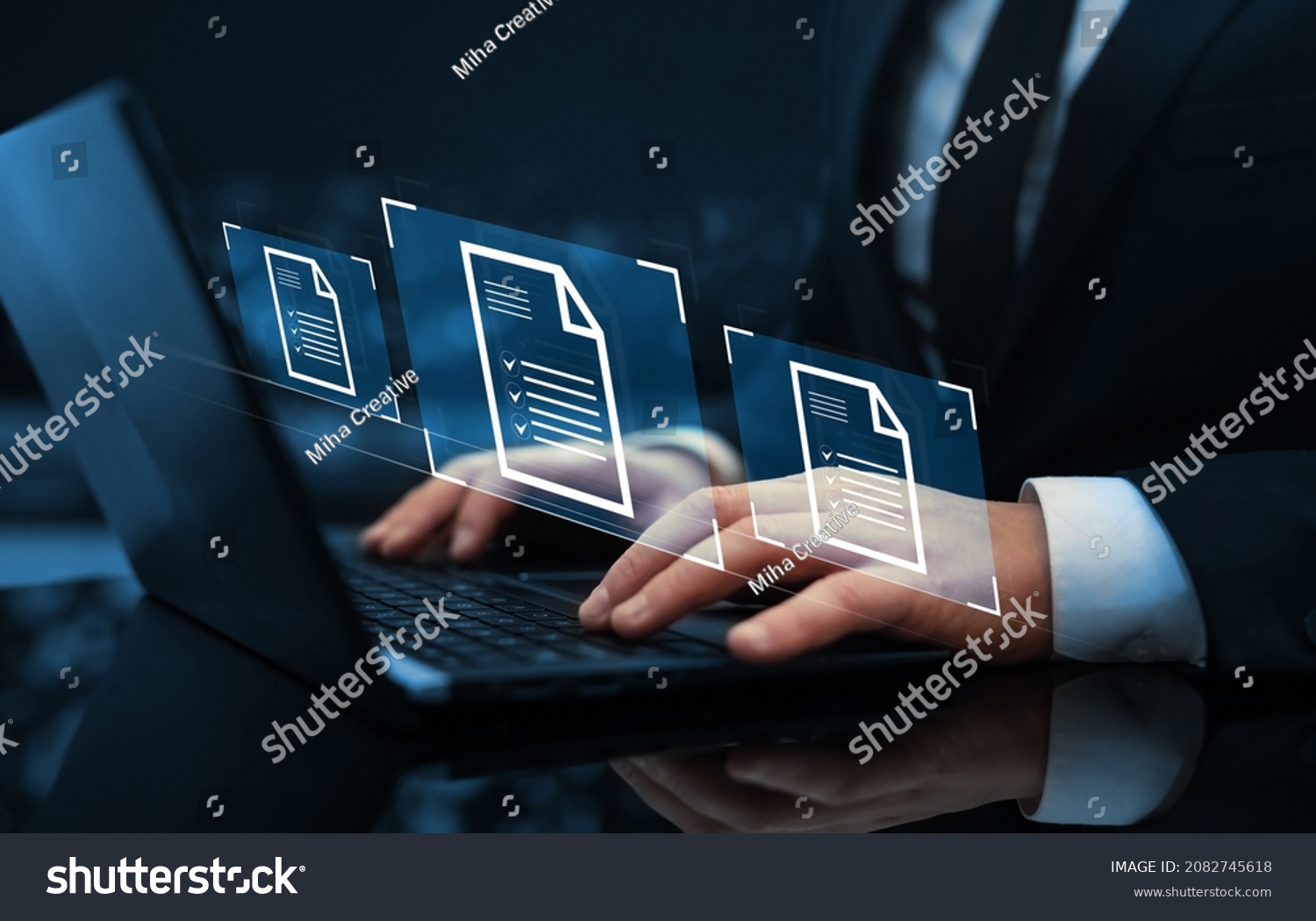 Law regulation and compliance rules on virtual screen concept. Businessman working at laptop computer and digital documents with checkbox lists.  #2082745618