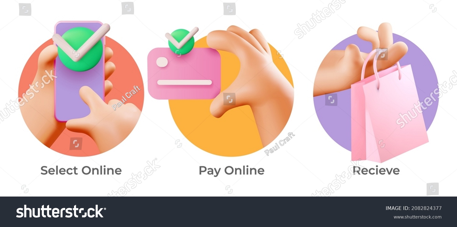Online shopping and delivery icon set with 3d handy hands in colorful circles. Vector illustration #2082824377