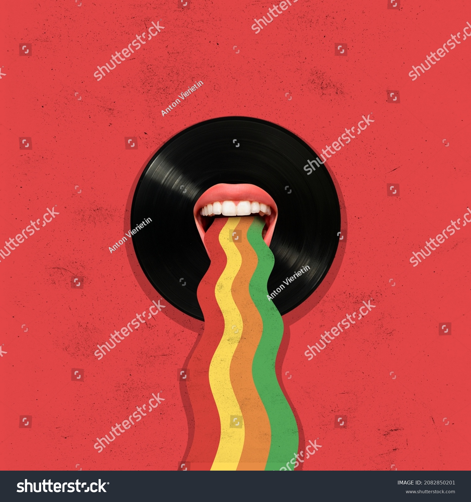 Retro style. Contemporary art collage of vinyl record with female mouth and rainbow path isolated over red background. Concept of art, music, fashion, party, creativity. Copy space for ad #2082850201