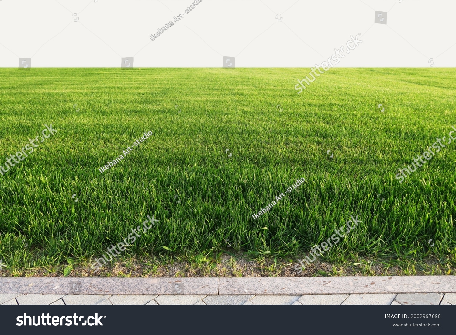 Smooth green grass, lawn against the background of a large blue sky on a sunny day. Wide view of the manicured lawn. The natural background of yellow-green grass in the rays of the setting sun.        #2082997690