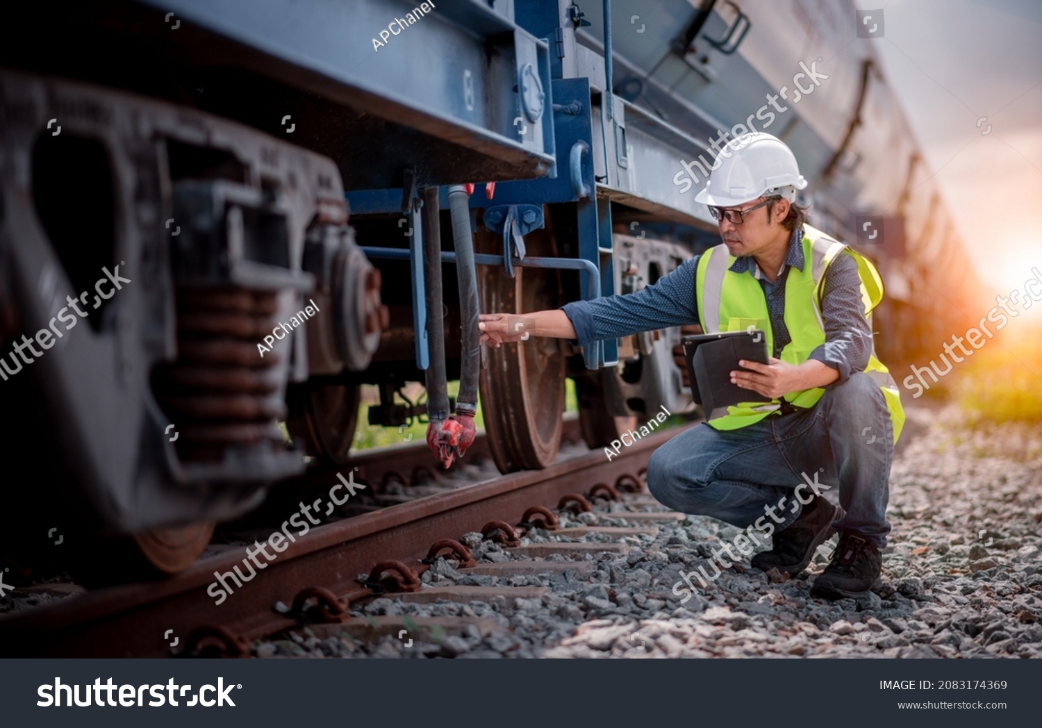 Engineer railway under checking construction process oil cargo train and checking railway work on railroad station with tablet  .Engineer wearing safety uniform and safety helmet in work. #2083174369