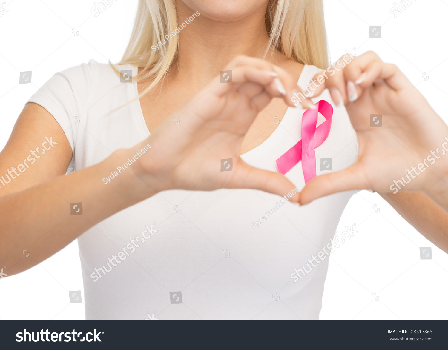 healthcare and medicine concept - young woman in blank white t-shirt with pink breast cancer awareness ribbon showing heart shape #208317868