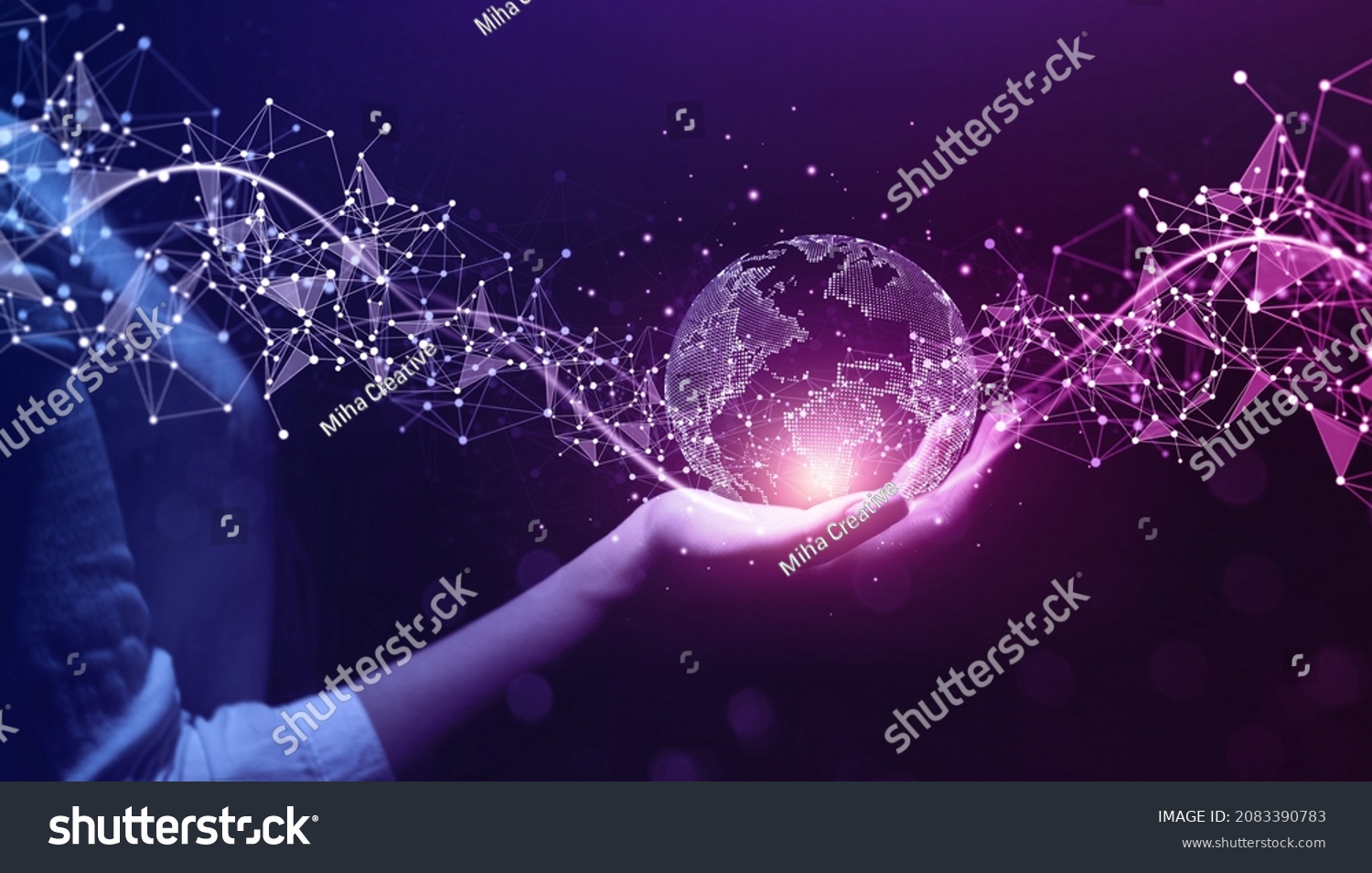 Metaverse Technology.Next generation technology.Global networking connection,science, innovation and communication technology.Hand holding earth globe with data exchanges on connection technology. #2083390783