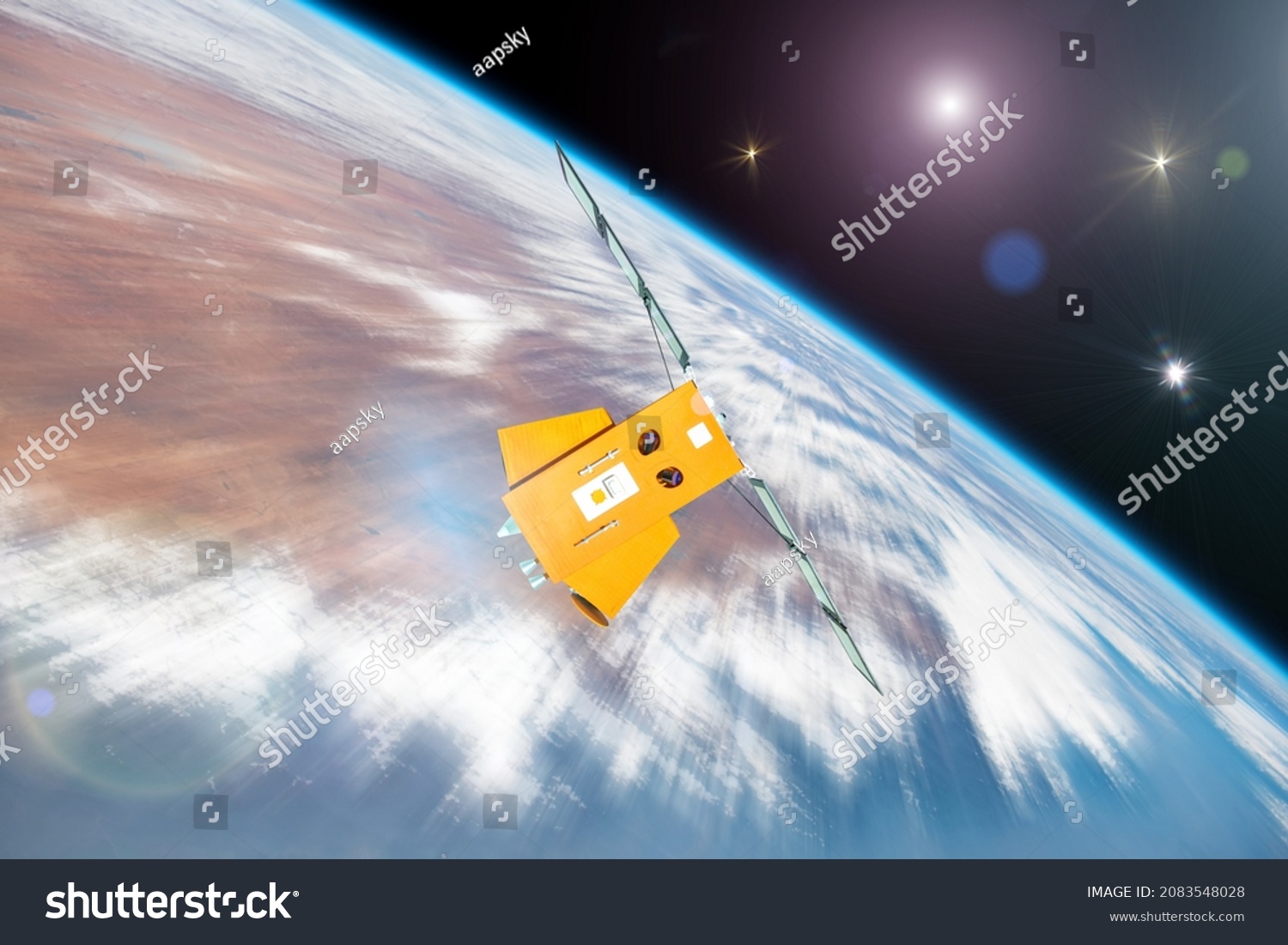 Orbiting satellite rushes through space orbiting the Earth. Elements of this image furnished by NASA. #2083548028