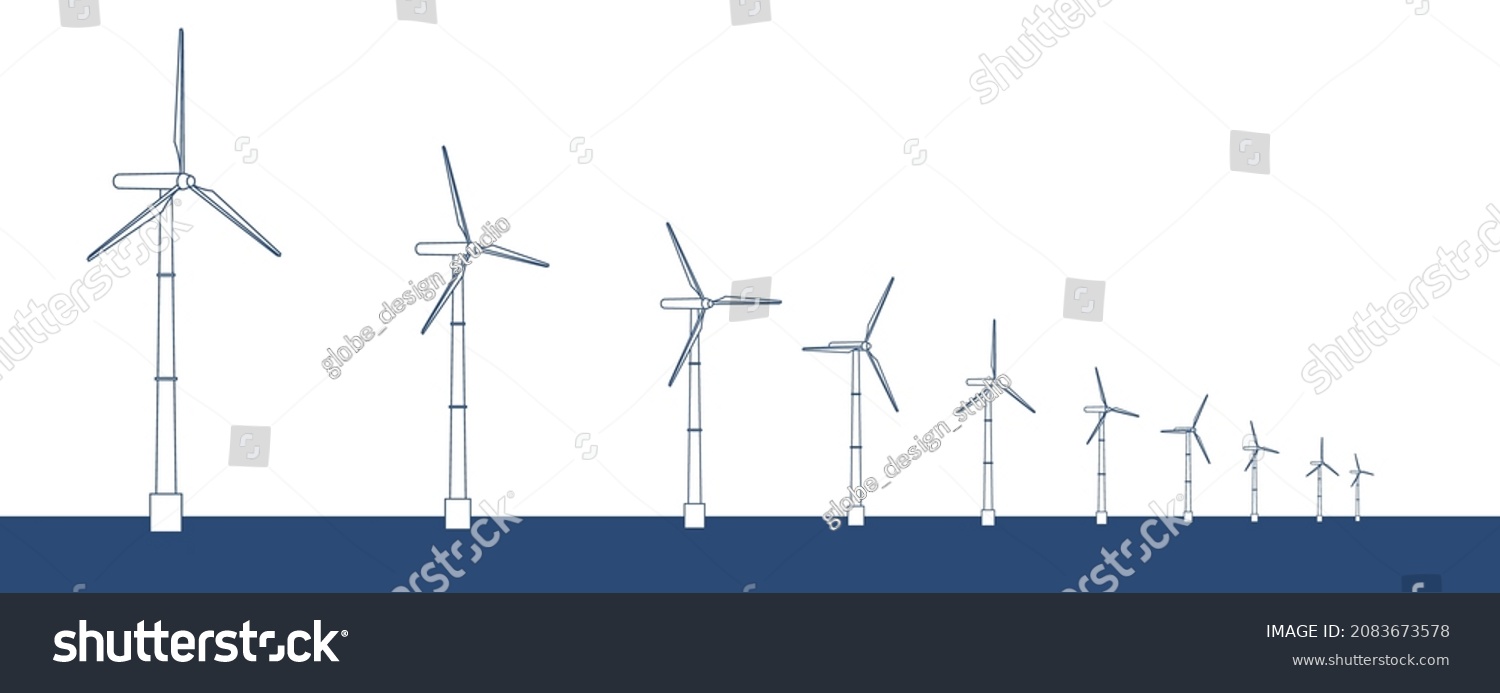 SDGs, Image of Sustainable Development Goals. Landscape illustration of a clean wind power generator tower. Decarbonization efforts.Wind power generation over the ocean. Line drawing. #2083673578