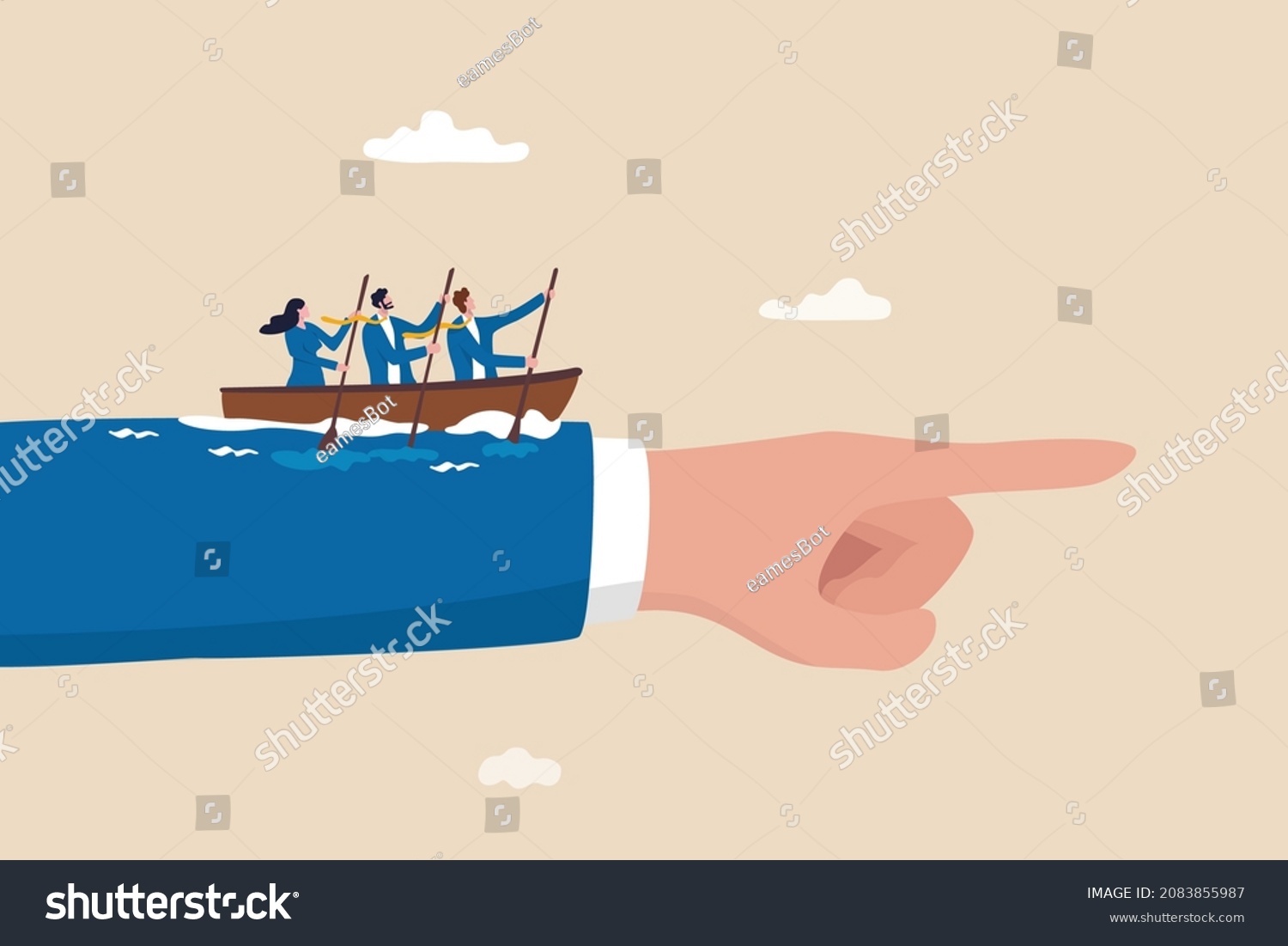 Team direction, business decision or leadership, guidance or strategy to achieve success, determination and inspiration concept, business people team members sailing ship on boss pointing direction. #2083855987