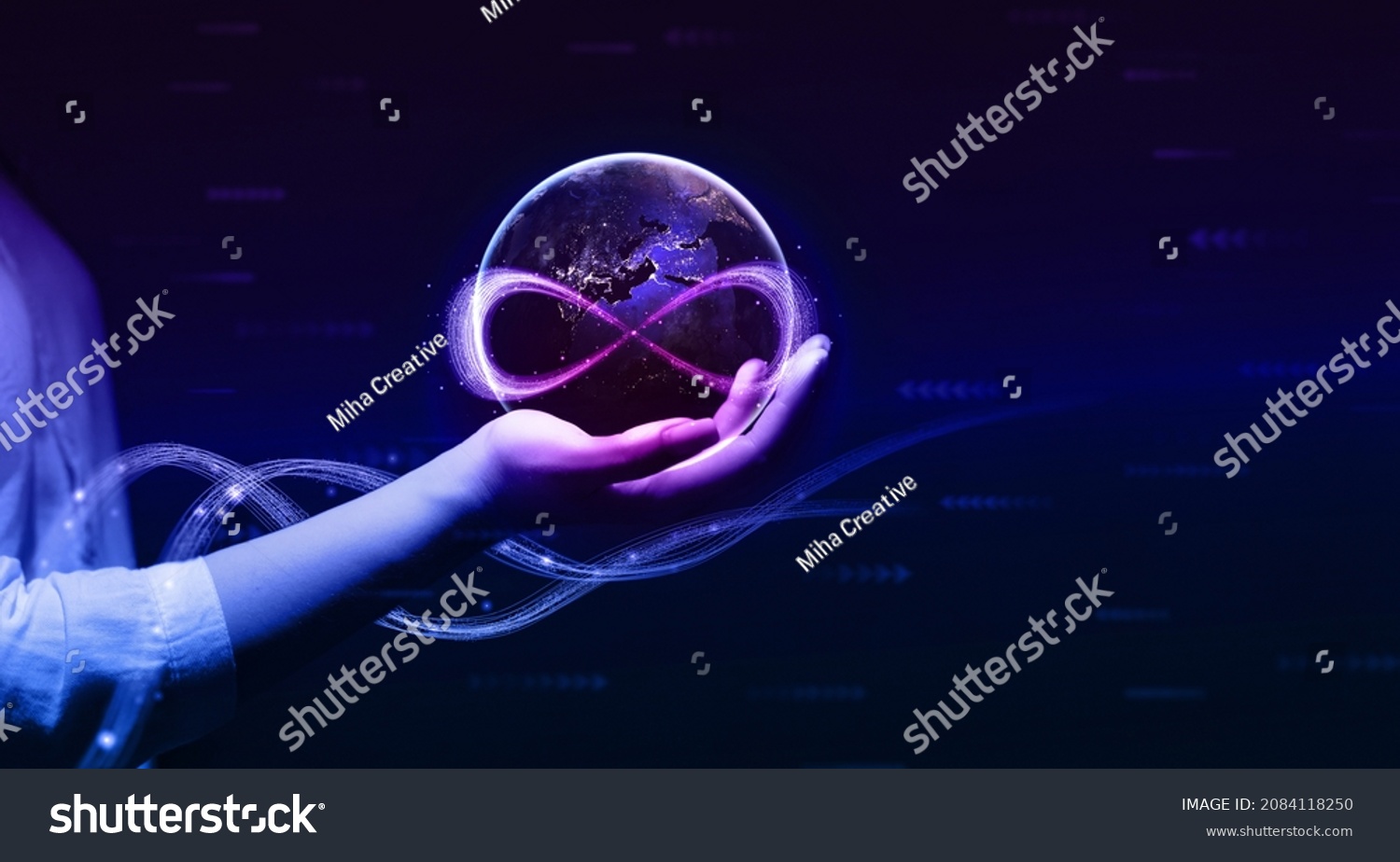 Metaverse Technology concepts. Hand holding virtual reality infinity symbol.New generation technology.Global network technology and  innovation. Elements furnished by NASA. #2084118250