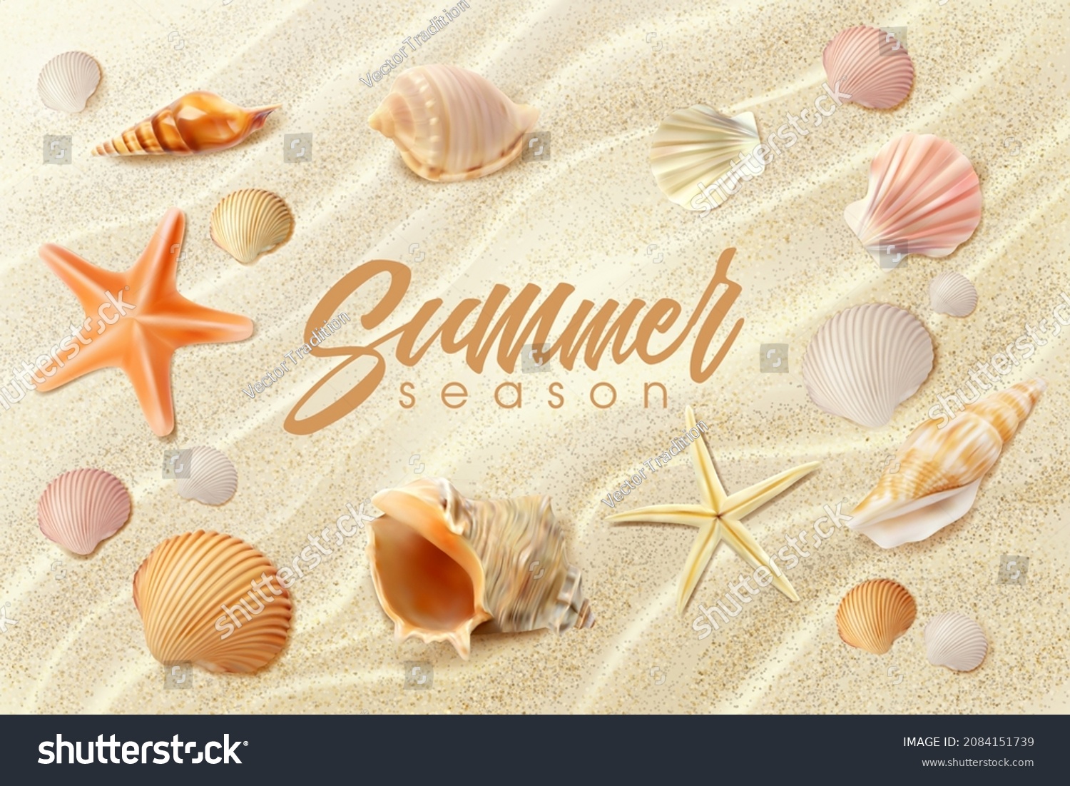 Summer beach background, realistic seashells and starfishes on sand. Sea or ocean coast with shells and star fish top view. Vector sandy seaside surface and conch on island, exotic tropical plage #2084151739