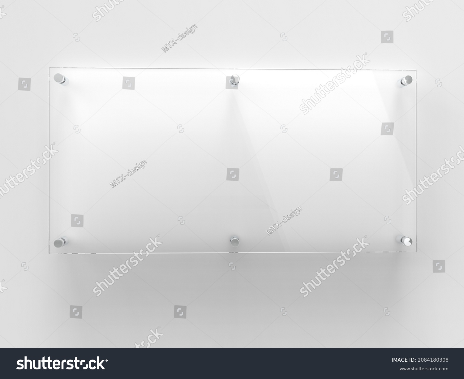 Transparent wide glass nameplate on spacer metal holders. Clear printing board for branding. Acrylic advertising signboard on white background mock-up front view. Size 500 x 250 mm. 3D illustration #2084180308
