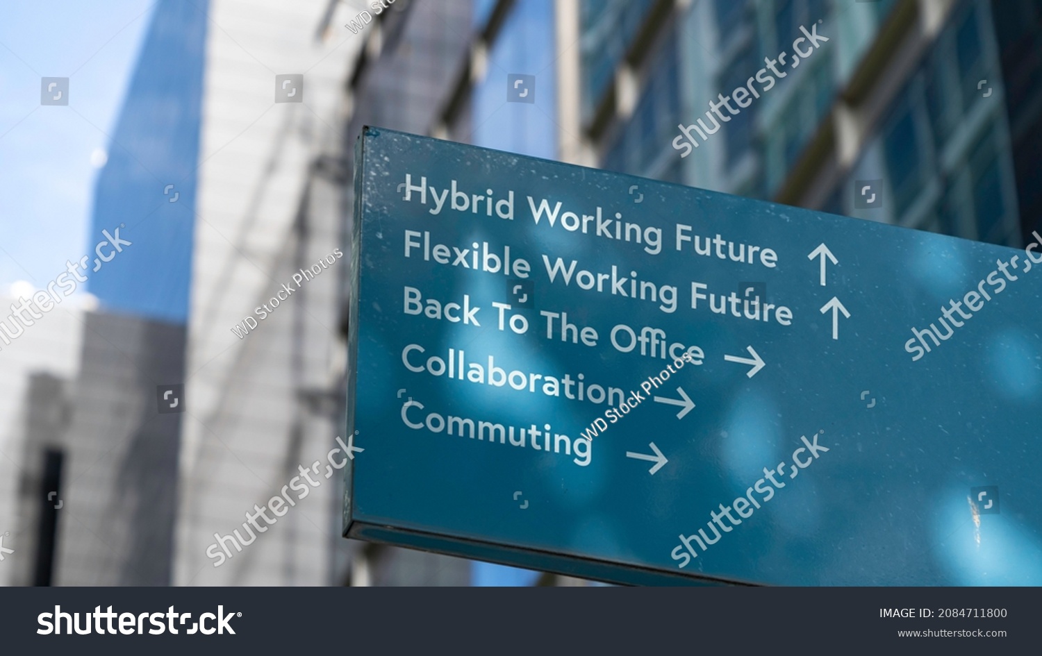 Working future choices on a city-center sign in front of a modern office building	
 #2084711800